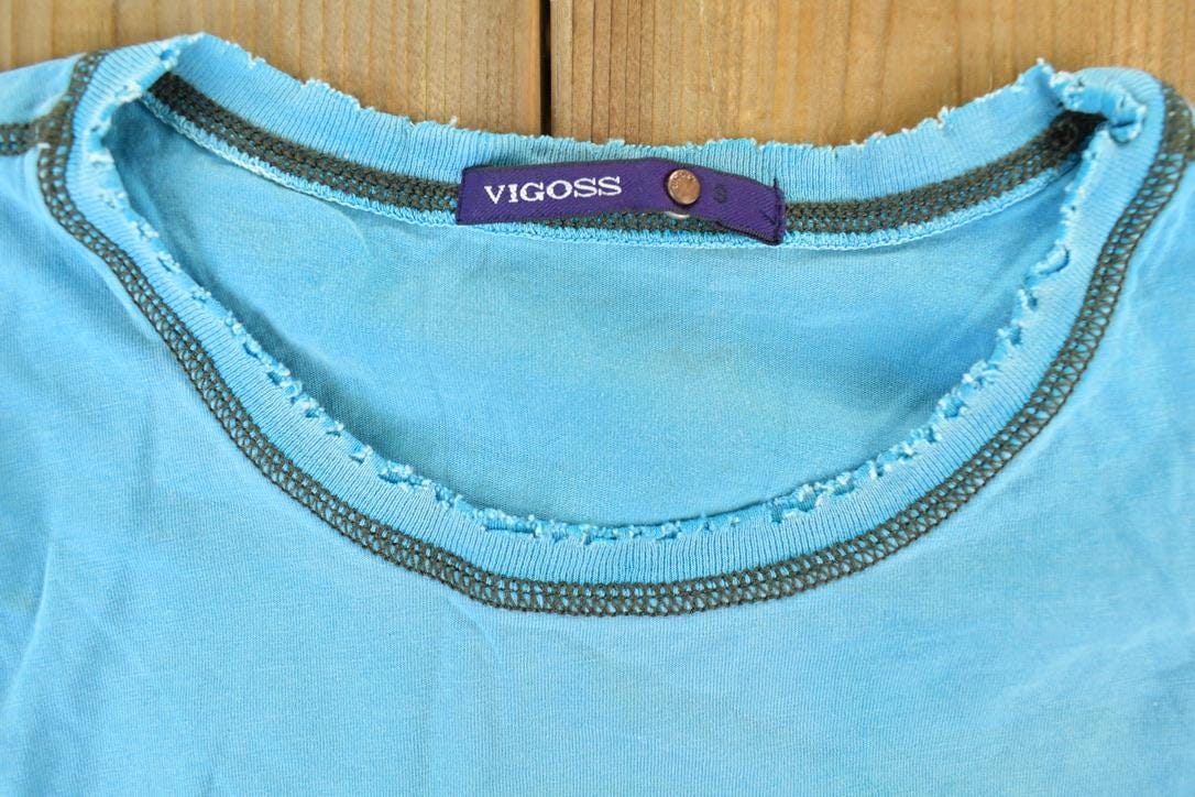 Women Vintage Vigoss Y2K Blank Blue T-Shirt / Vigoss Grunge Skull Print / Contrast Stitch / Internet Famous Clothing / Over Dyed