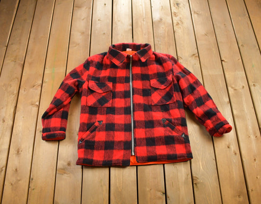 Vintage 1980s Buffalo Plaid Orange Lined Wool Zip Up Shirt / Outdoorsman / 80s Button Up / Hunting Shirt / 80s Clothing / 80s Shirt