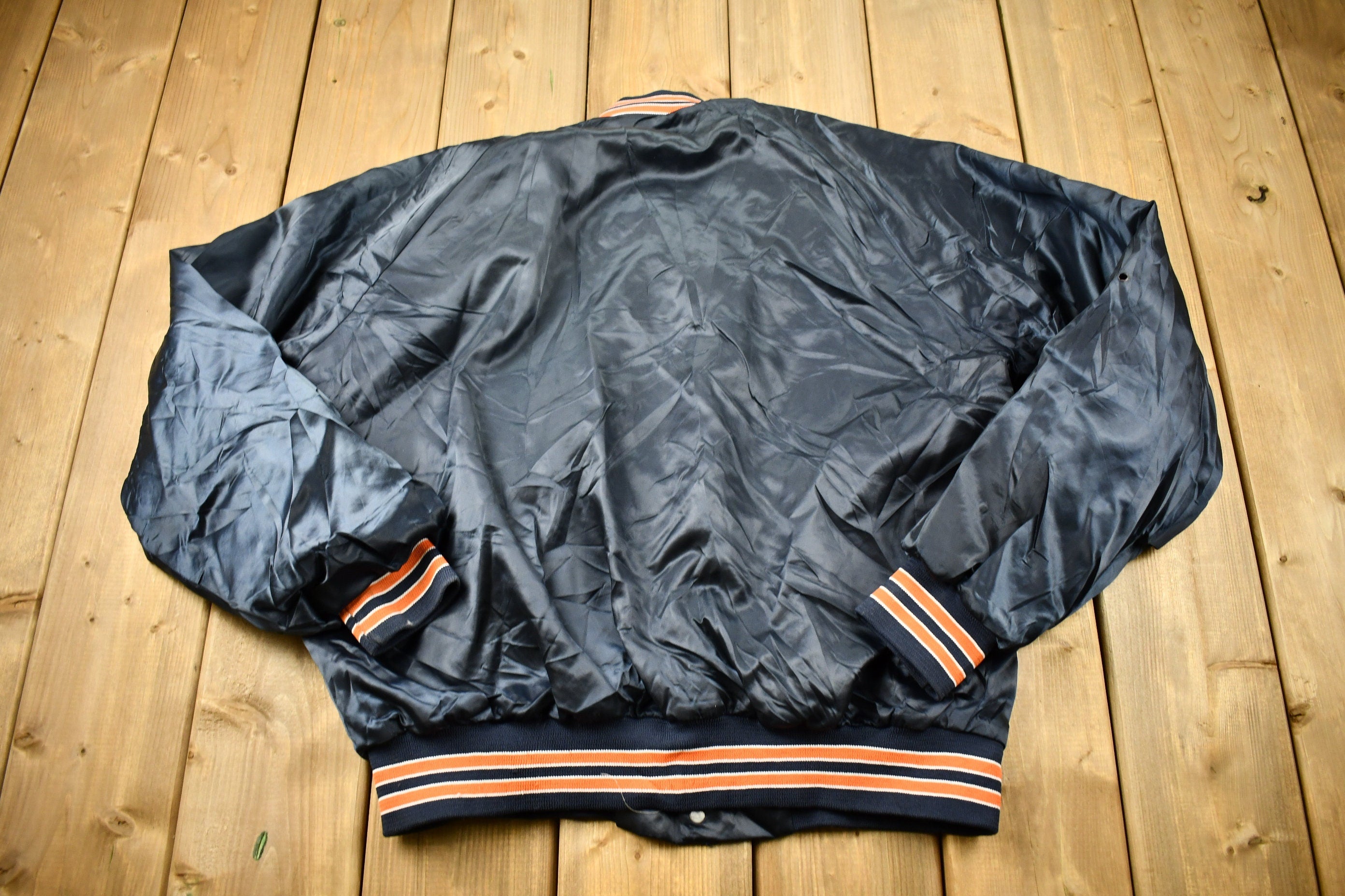 Vintage 1980s Chicago Bears NFL Satin Snap Button Bomber Jacket