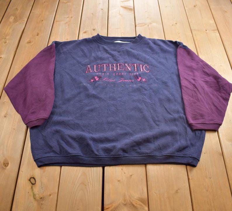 Vintage 1990s Paris Sport Club Authentic Blue Jeans Embroidered Crewneck Sweatshirt Made In USA
