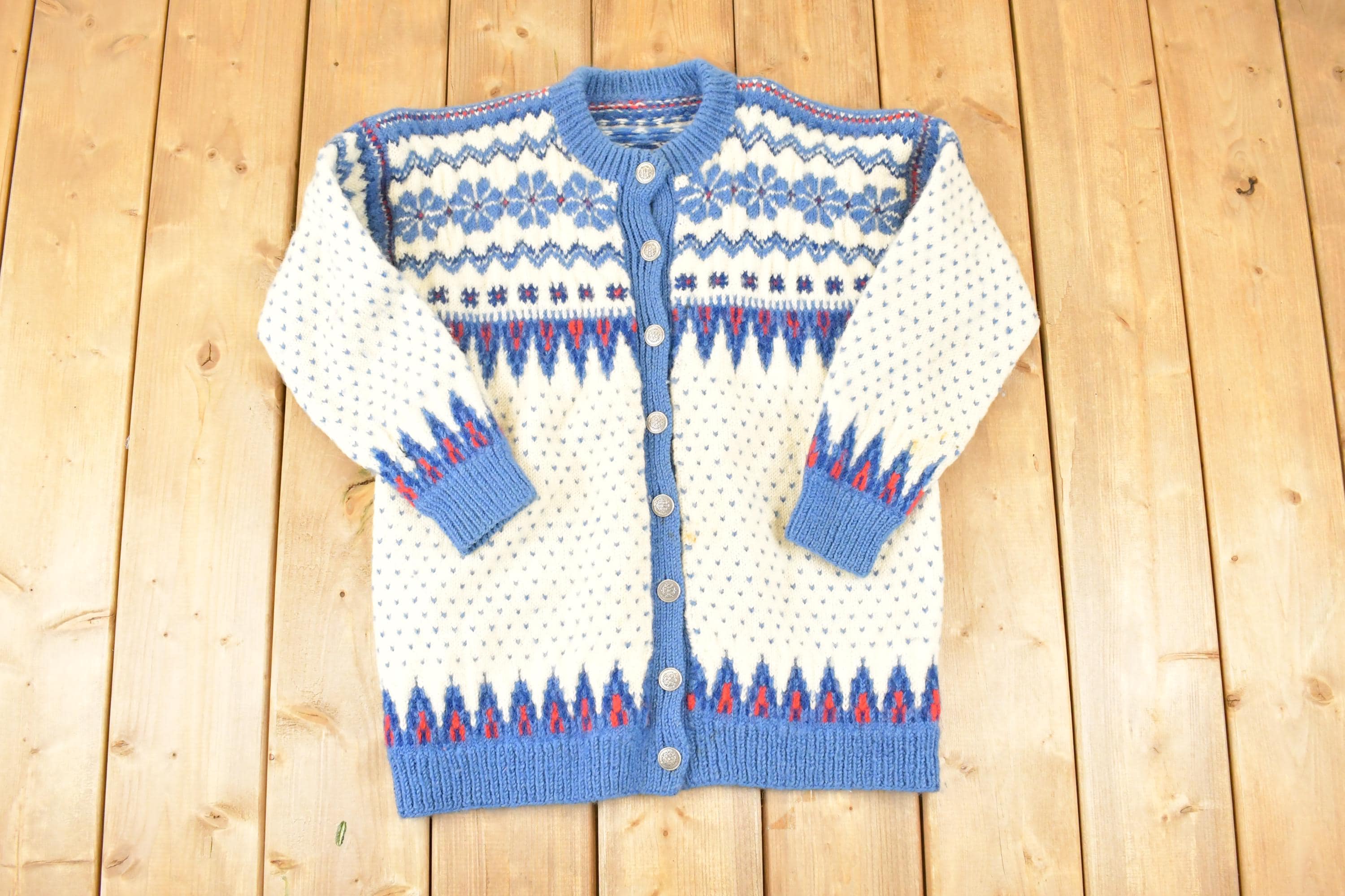 Vintage 1970's Abstract Snowflake Wool Knit Cardigan Sweater Women's S