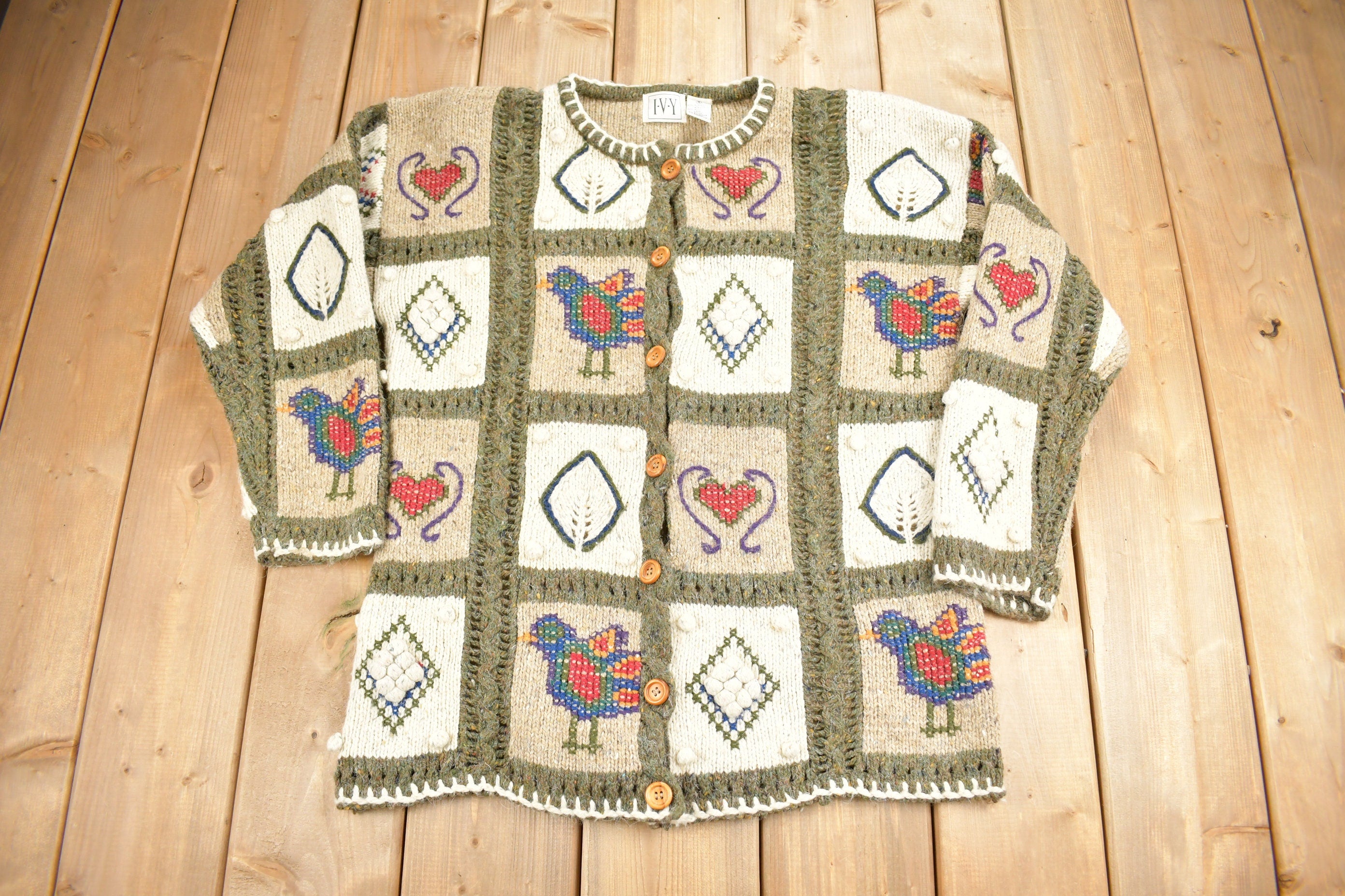 Vintage 1990s IVY Embroidered Knit Cardigan Sweater
