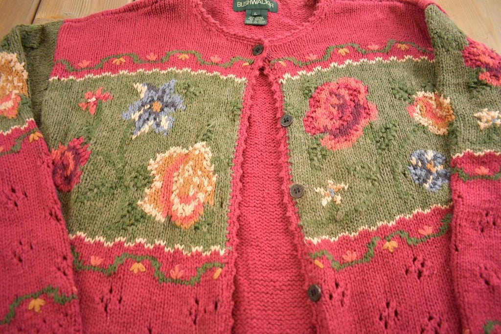 Vintage 1990s Bushwacker Flower Themed Knit Cardigan Sweater