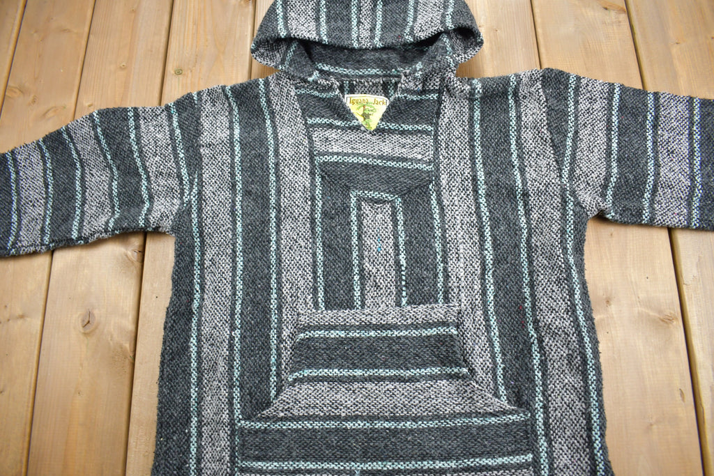Vintage 1990s Iguana Jack Hooded Pullover Striped Knit Poncho Blanket Hoodie
