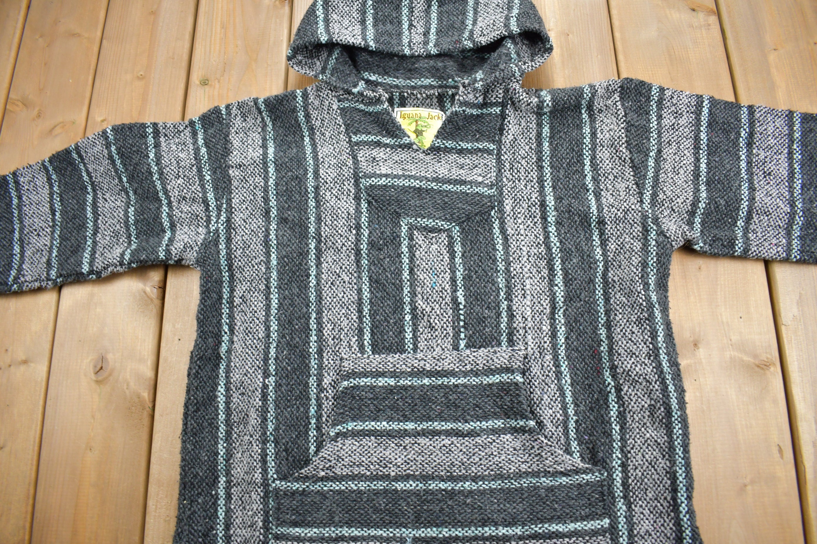 Vintage 1990s Iguana Jack Hooded Pullover Striped Knit Poncho Blanket Hoodie