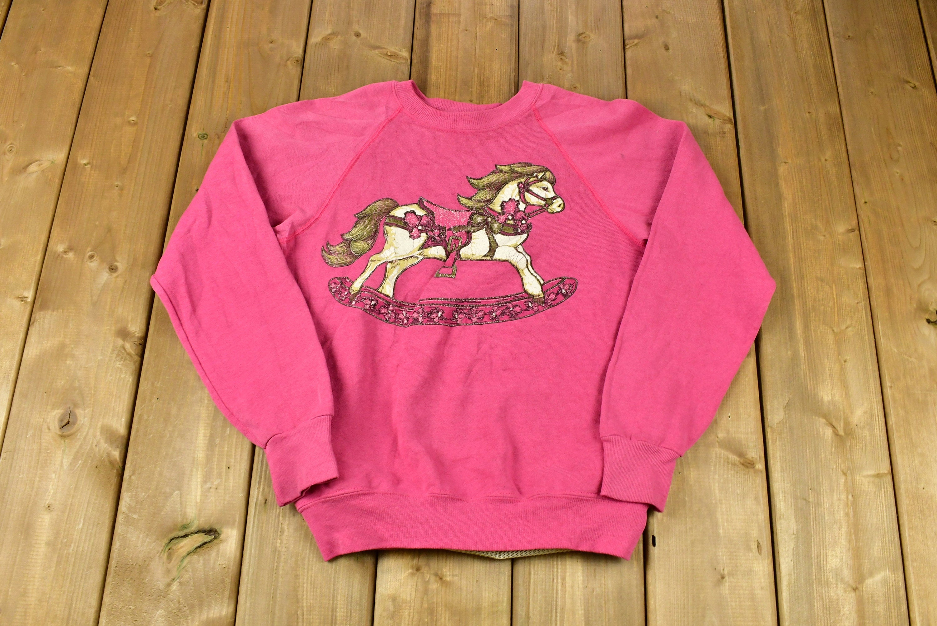 Vintage 1980s Rocking Horse Graphic Cute Raglan Crewneck