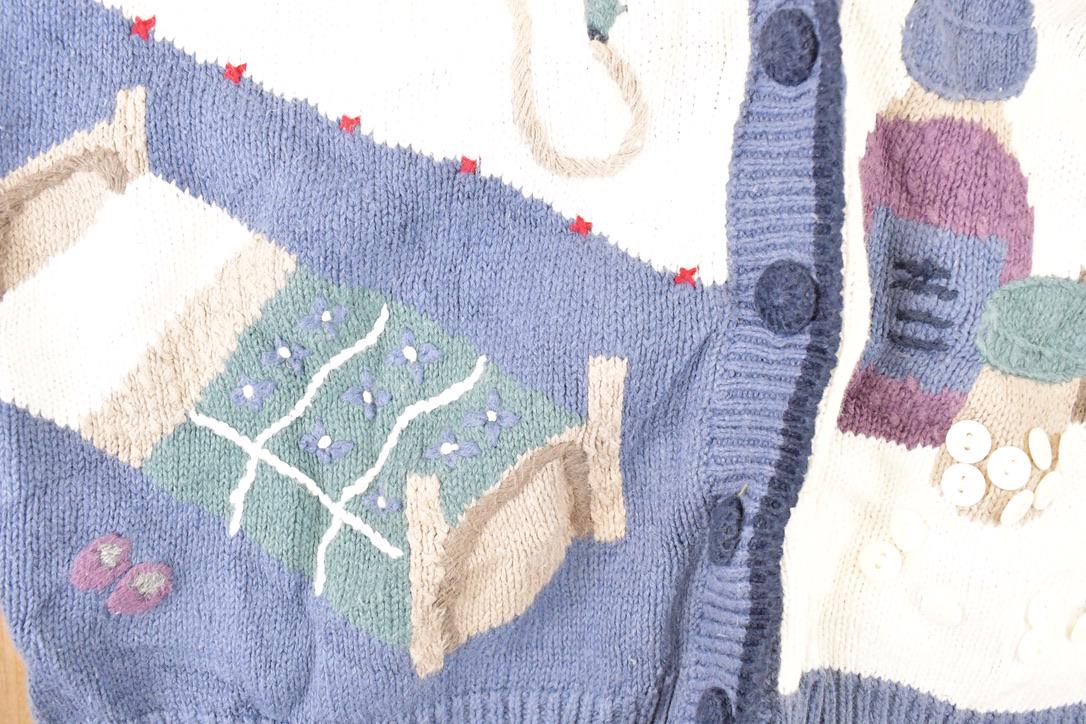 Vintage 1990s Christopher & Banks Teddy Bear Hand Embroidered Knit Cardigan Sweater Women's M