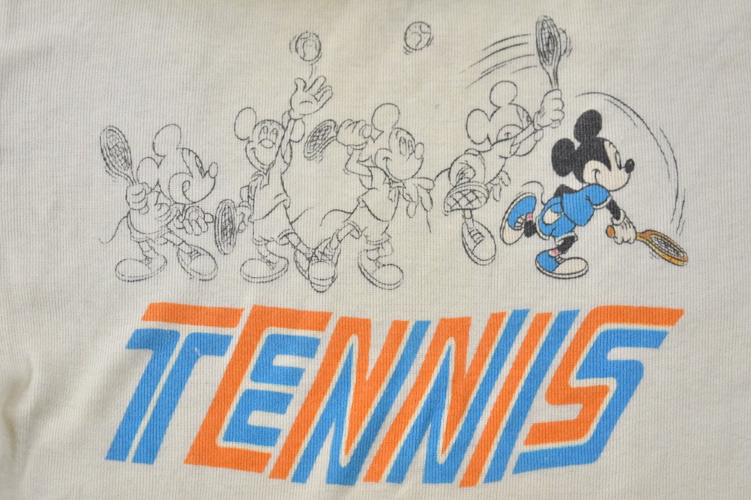 Vintage 1980s Disney Mickey Mouse Tennis Graphic Ringer T-Shirt / Graphic / 80s / Streetwear / Retro Style / Single Stitch / Made In USA