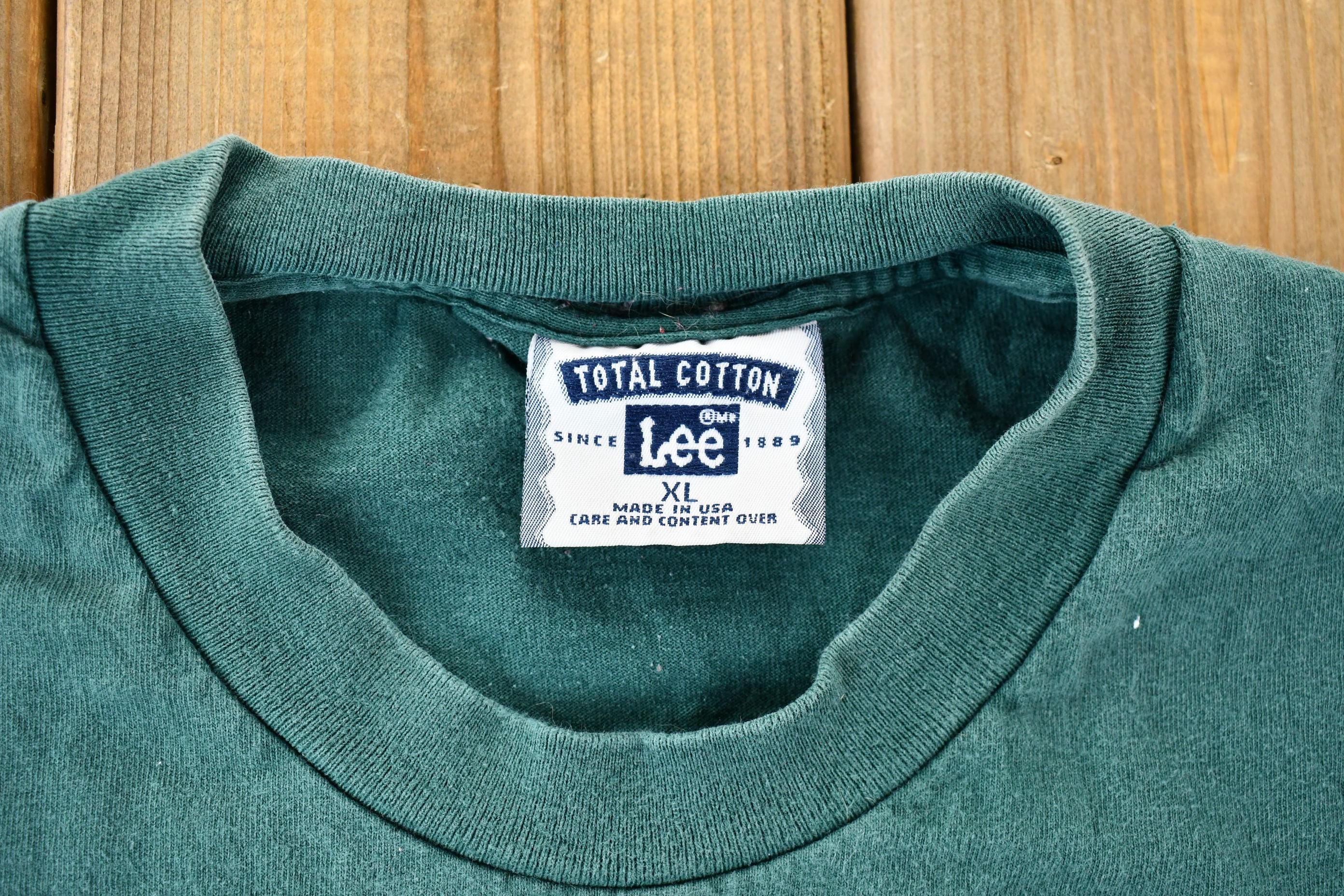 Vintage 1990s Lee Single Stitch Thick Collared Blank Green T-Shirt