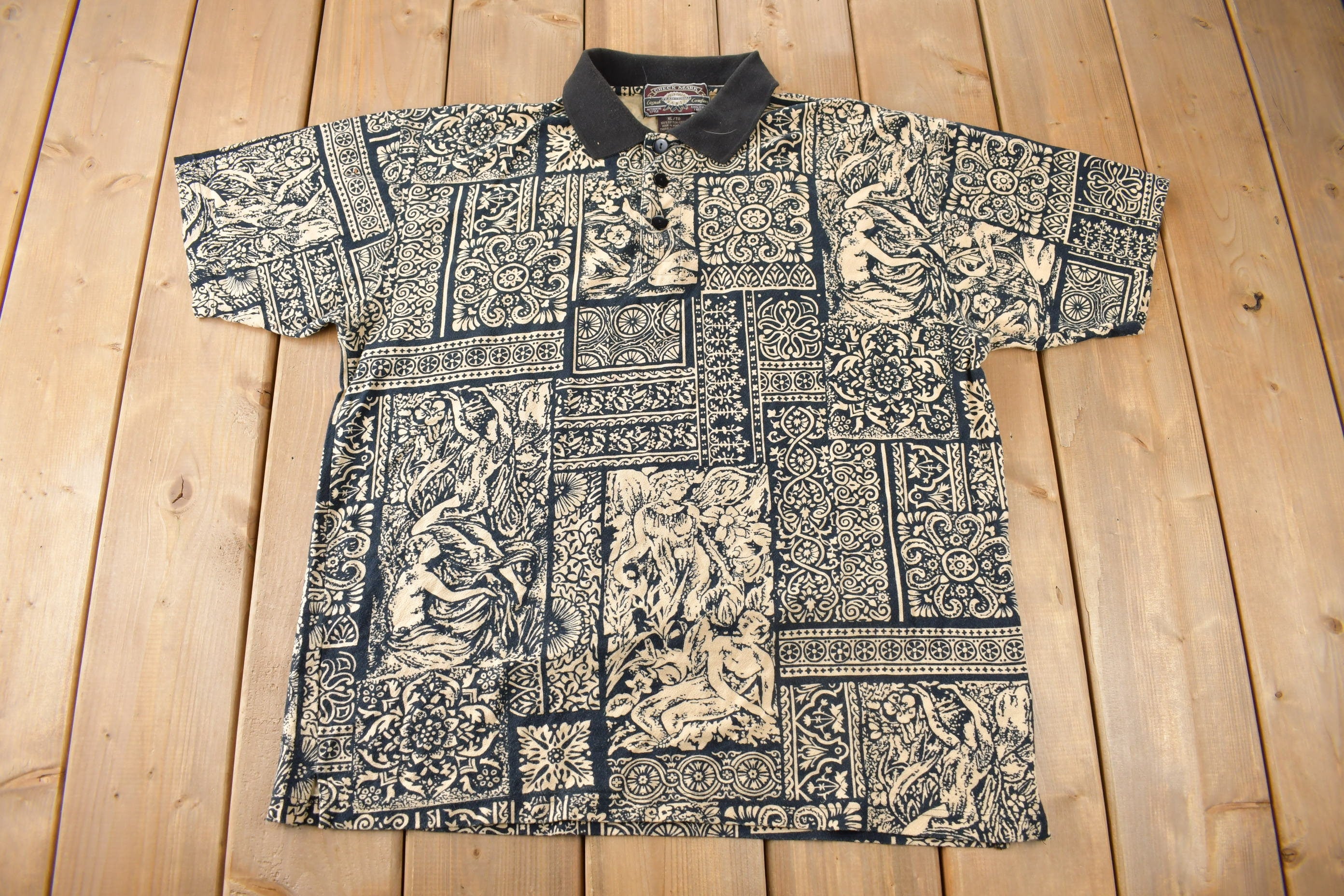Vintage 1990s All Over Print Paisley Patchwork Polo Shirt Size XL