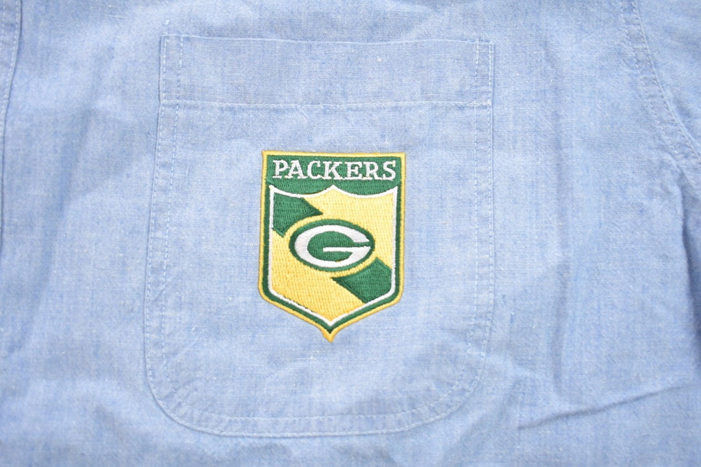 Vintage 1990s Embroidered Green Bay Packers NFL Denim Button Up T-Shirt