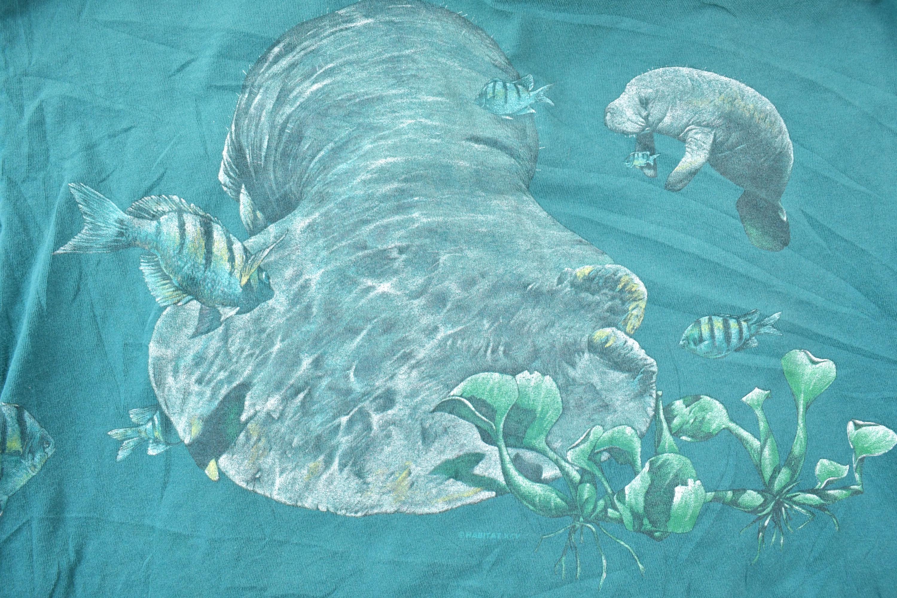 Vintage 1990s Swimming Manatee Habitat Theme Graphic T-Shirt