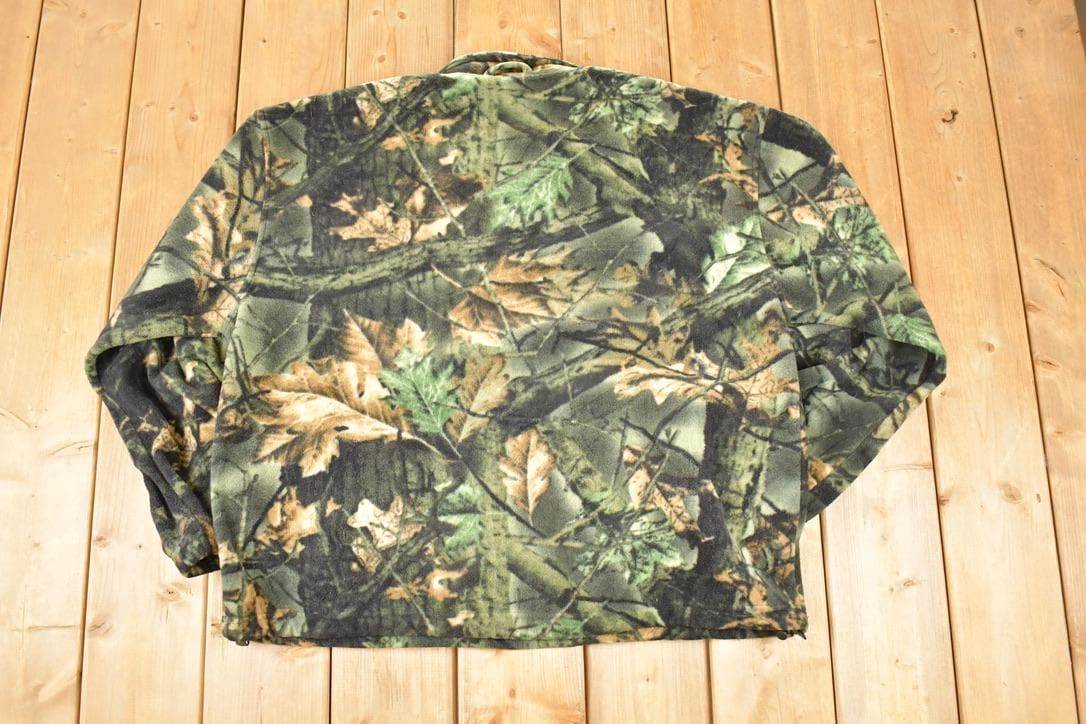 Vintage 1990s Trail Crest AOP Woodland Camo Quarter Zip Fleece Outdoorsman Sweater Men's XL