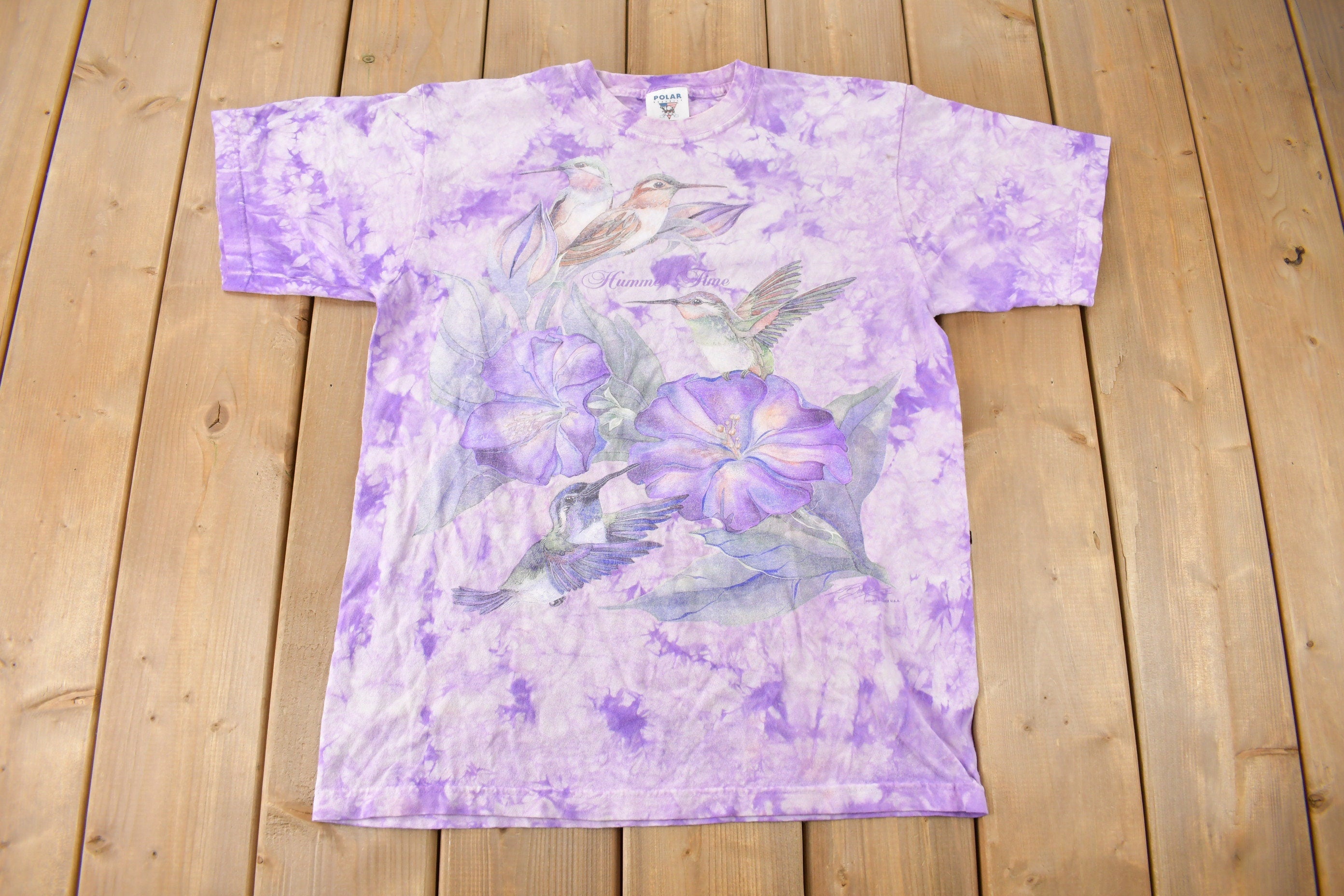 Vintage 1990s Hummingbirds Tie Dye All Over Print Graphic T-Shirt Size M