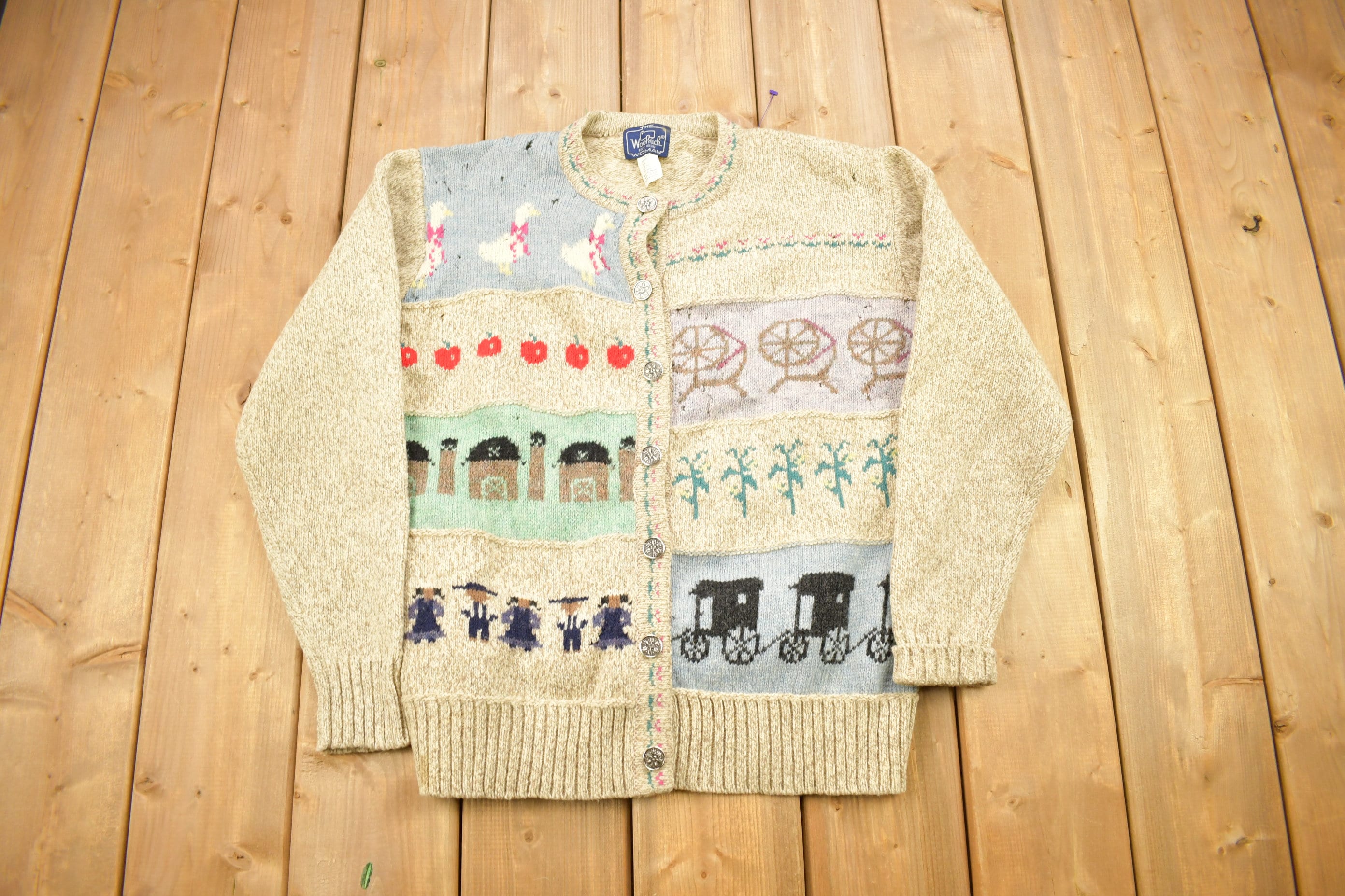 Vintage 1990s Woolrich Woman Knitted Wool Patchwork Cardigan Sweater