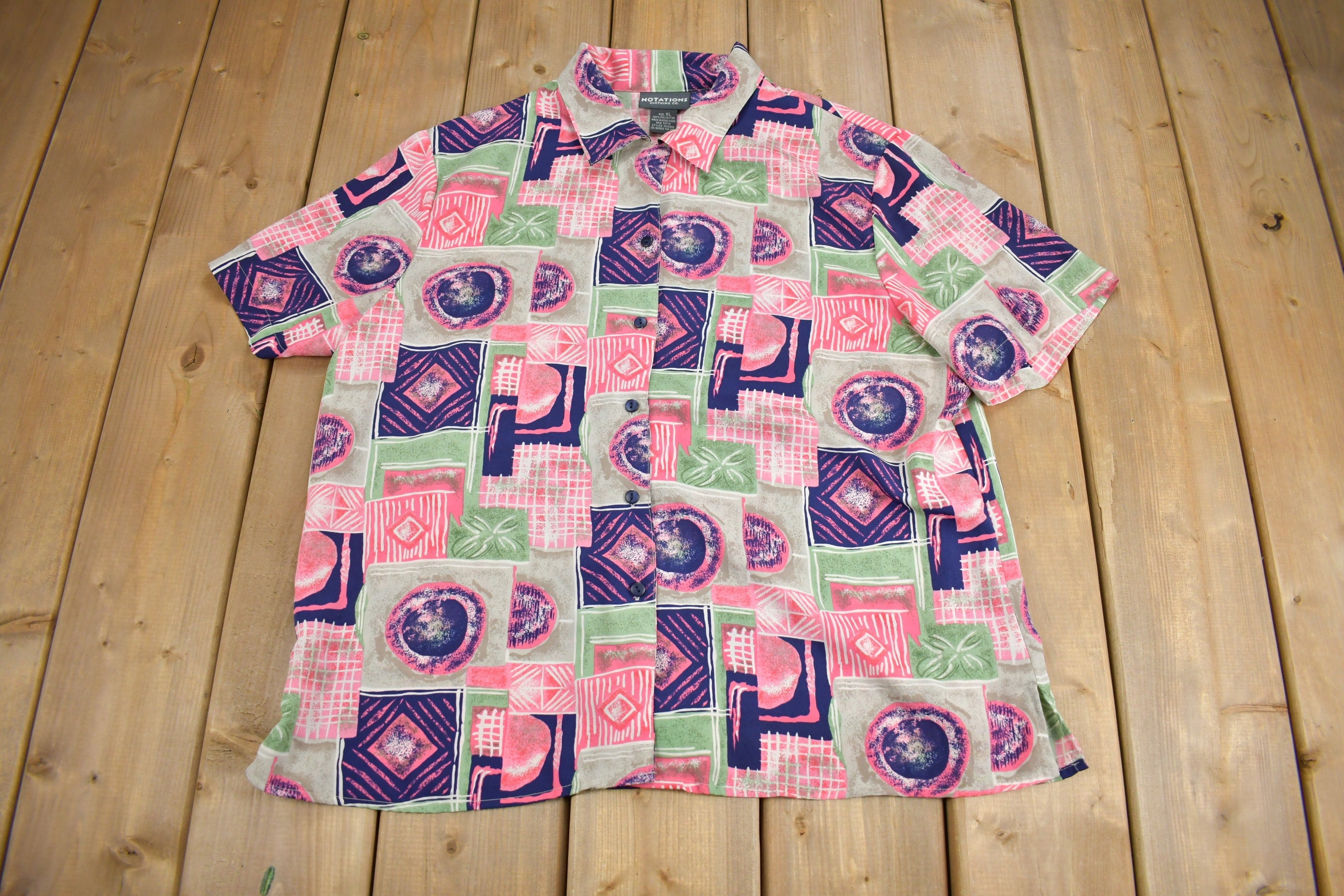 Vintage 1990s Notations Patchwork Button Up Short Sleeve Shirt