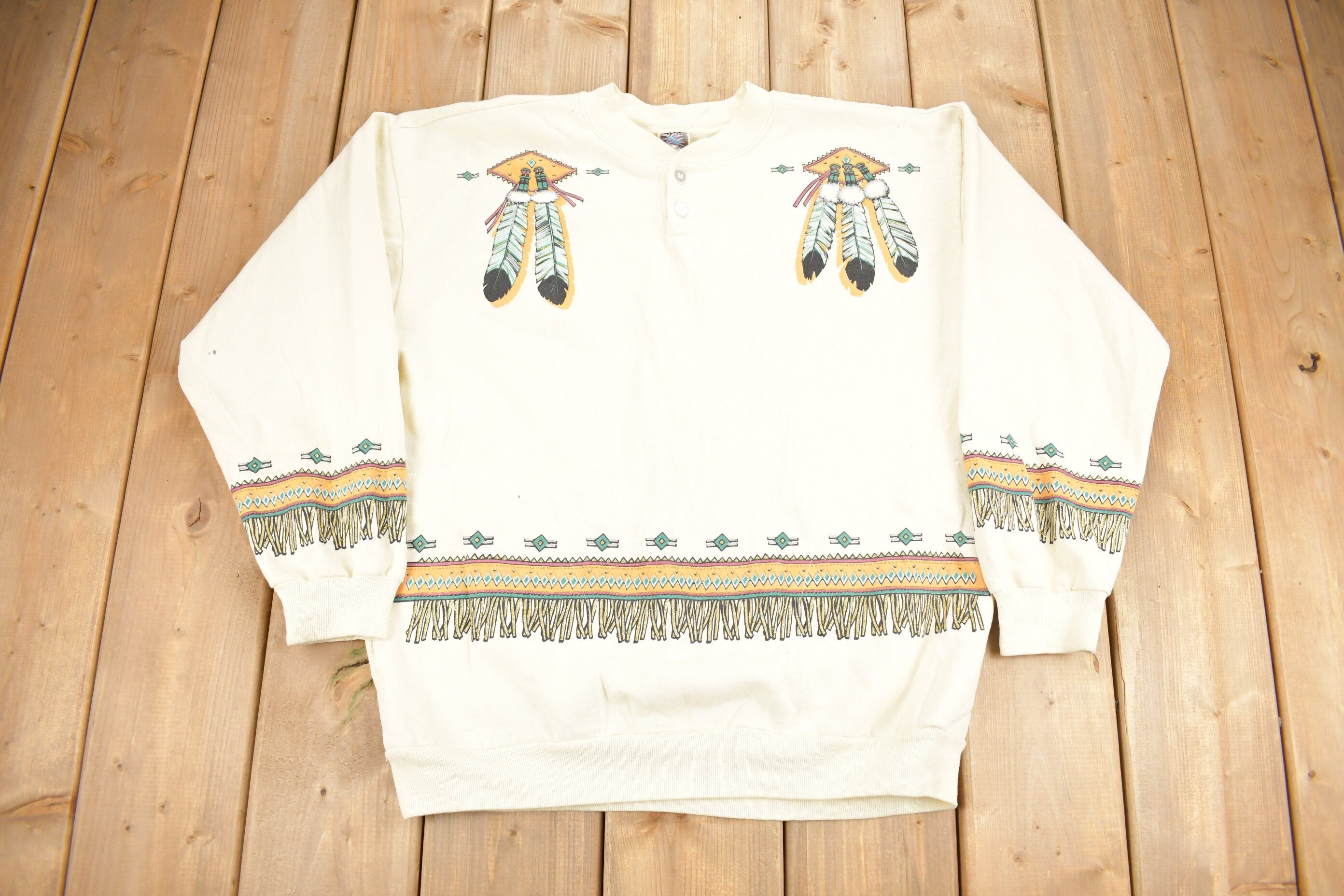 Vintage 1980s Native American Theme Henley Sweatshirt