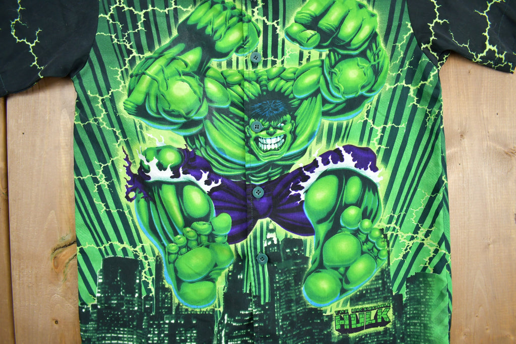 Vintage 2002 The Incredible Hulk All Over Print Button Up T-Shirt Marvel Superhero All Over Print