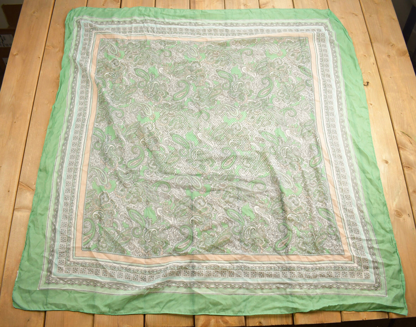 Vintage 1980s Faded Green Paisley Scarf Patterned Border / Vintage Accessory / Vintage Scarves / Square Scarf / All Over Pattern