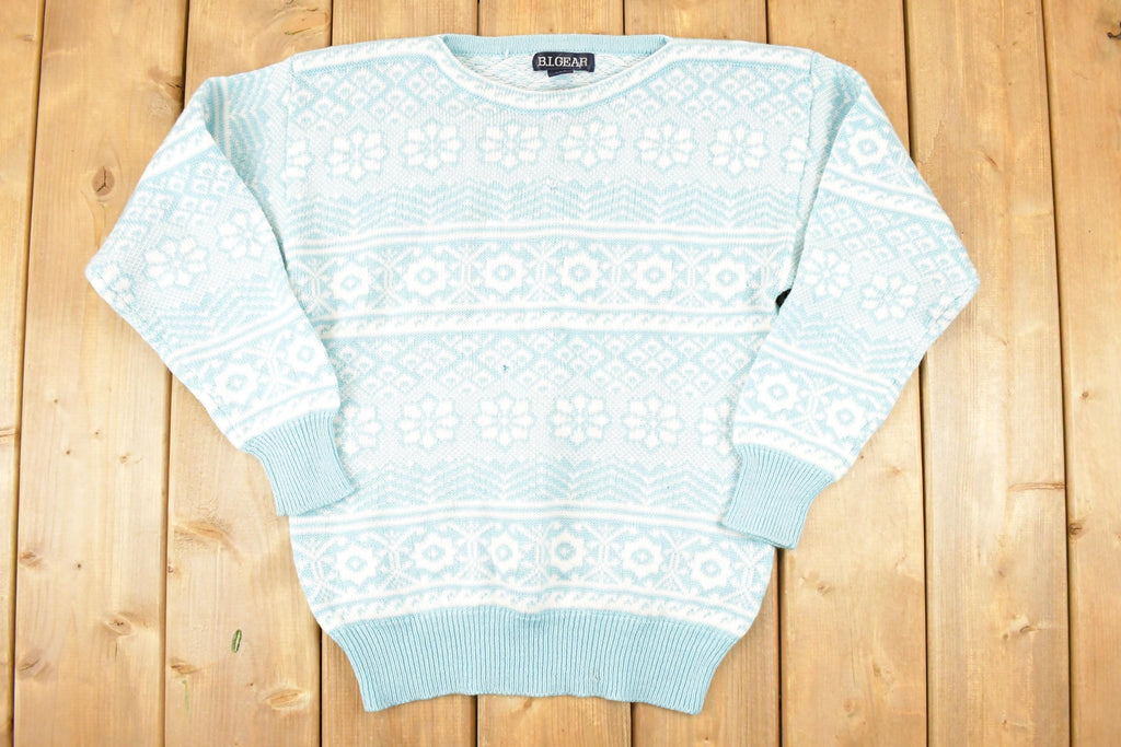 Vintage 1980s B I Gear Abstract Winter Blue Knit Crewneck Sweater Women's S