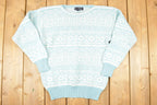 Vintage 1980s B I Gear Abstract Winter Blue Knit Crewneck Sweater Women's S