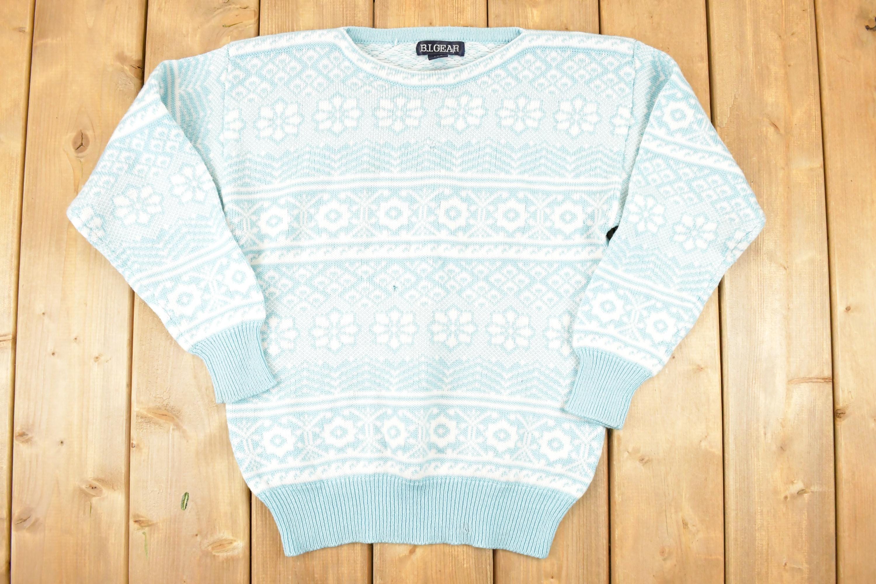 Vintage 1980s B I Gear Abstract Winter Blue Knit Crewneck Sweater Women's S