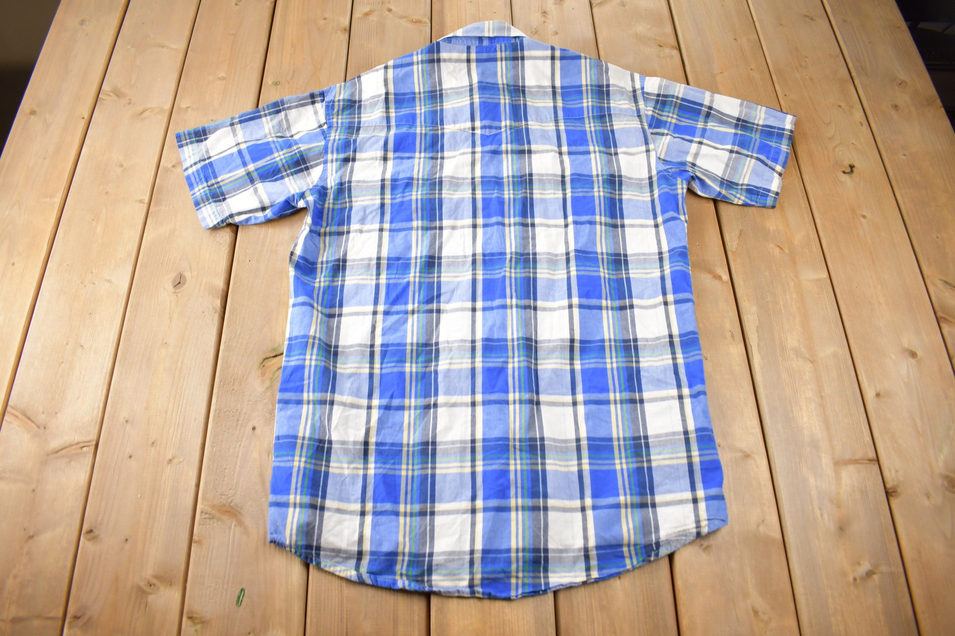 Vintage 1990s Wrangler Western Shirts Pearl Snap Short Sleeve Plaid Button Up Shirt Size L