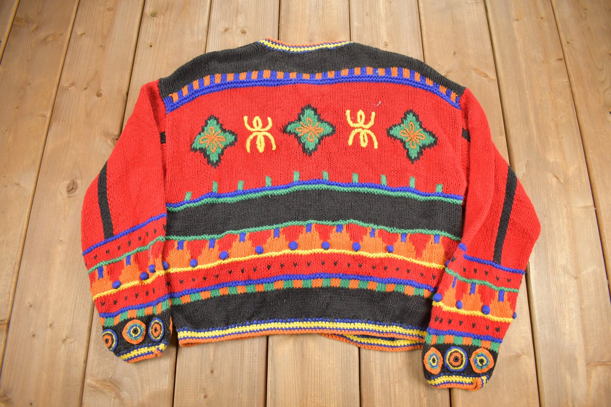 Vintage 1990s ABINI Knit Cardigan Sweater / Vintage Cardigan / Button Up / Patchwork / Embroidered / Colourful