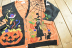 Vintage 1990s Marisa Christina Halloween AOP Heavy Knit Cardigan Sweater Women's XXL / Knitted by Hand / Pumpkin Witch Ghost Spooky