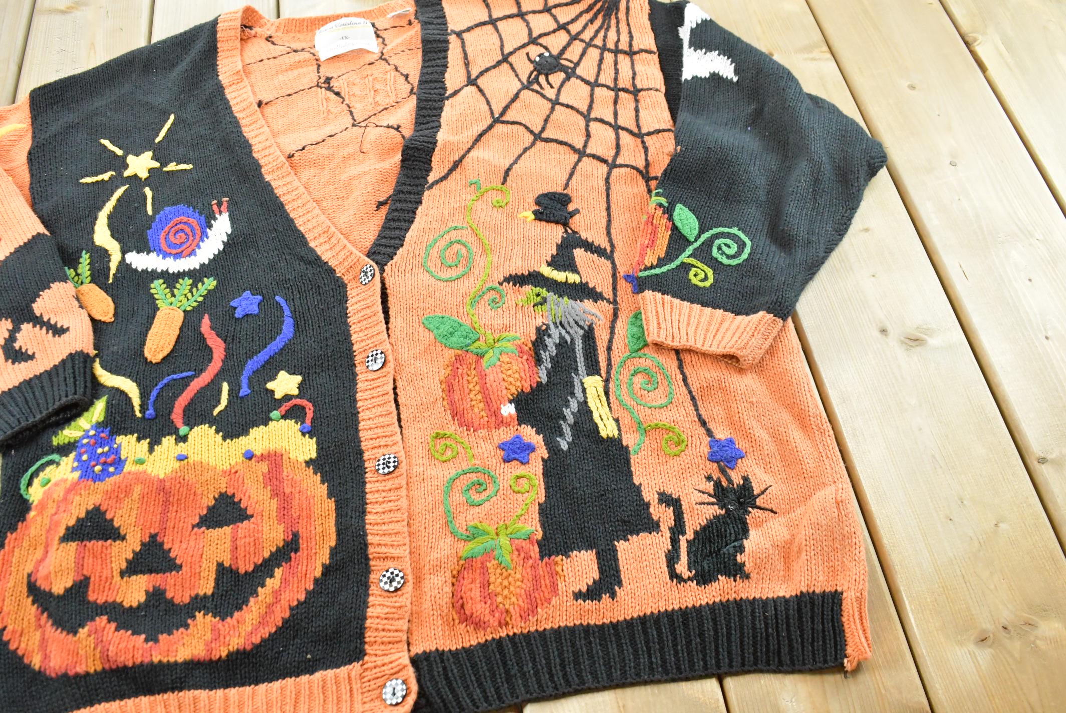 Vintage 1990s Marisa Christina Halloween AOP Heavy Knit Cardigan Sweater Women's XXL / Knitted by Hand / Pumpkin Witch Ghost Spooky