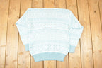 Vintage 1980s B I Gear Abstract Winter Blue Knit Crewneck Sweater Women's S