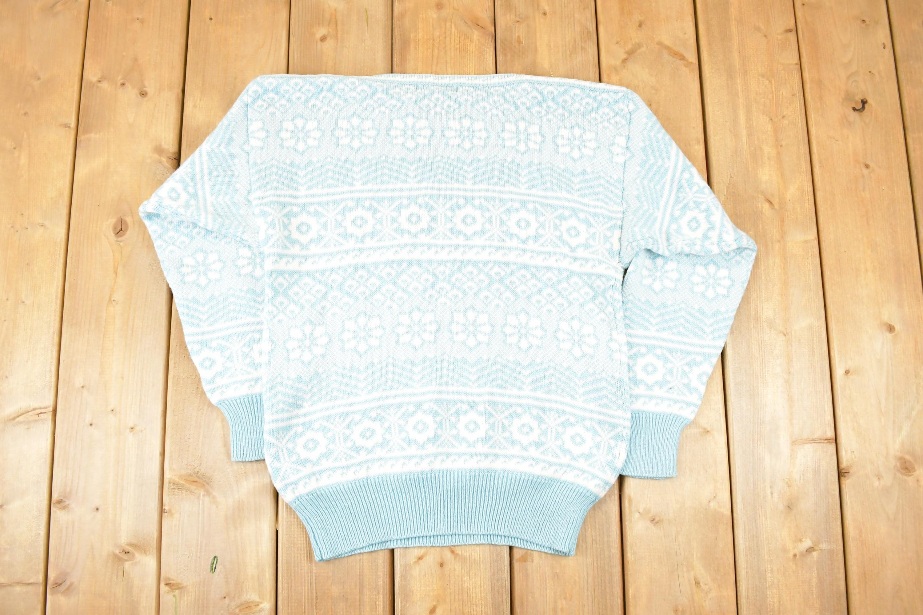 Vintage 1980s B I Gear Abstract Winter Blue Knit Crewneck Sweater Women's S