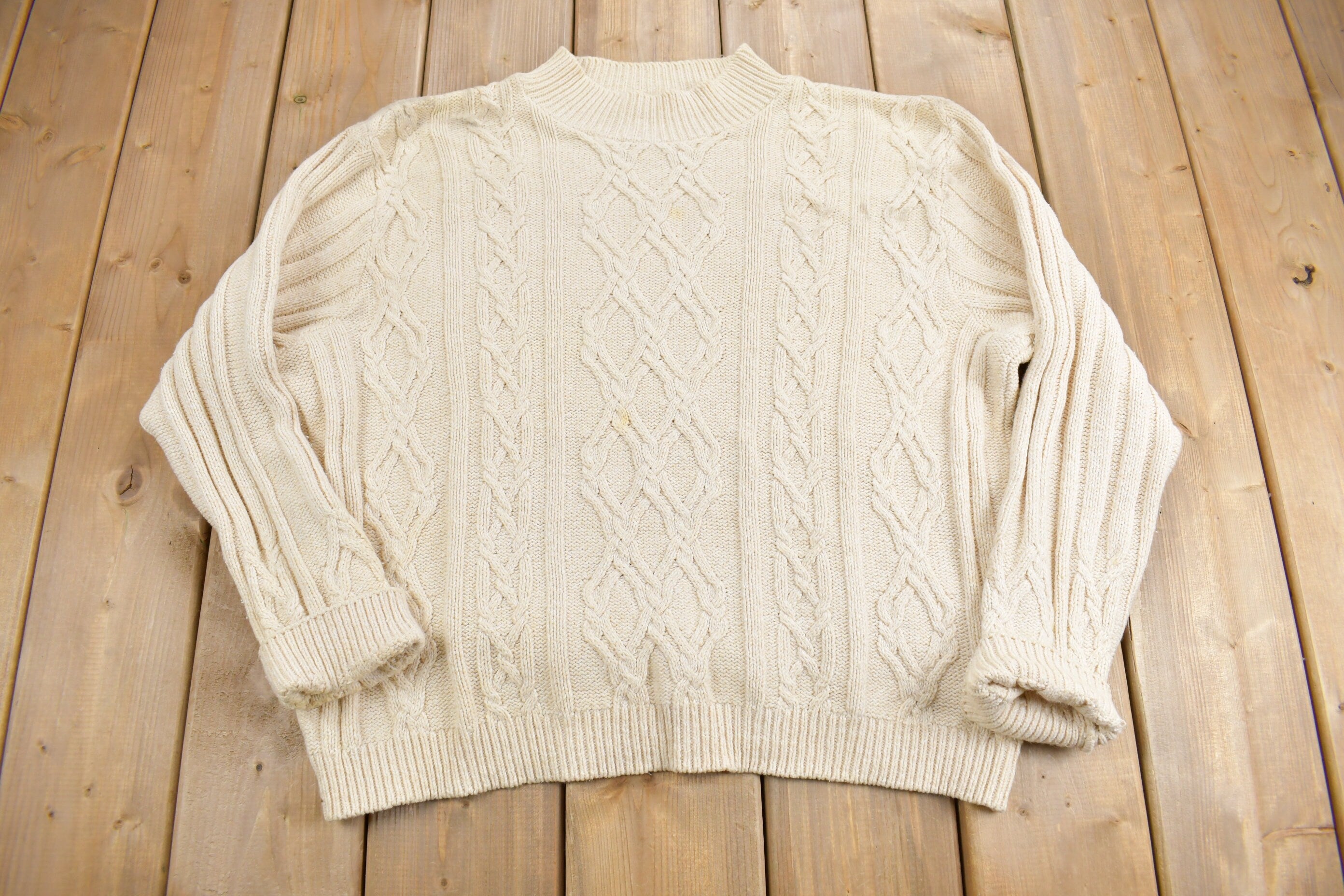 Vintage 1990s Women's Petite 3D Cable Knit Mockneck Sweater