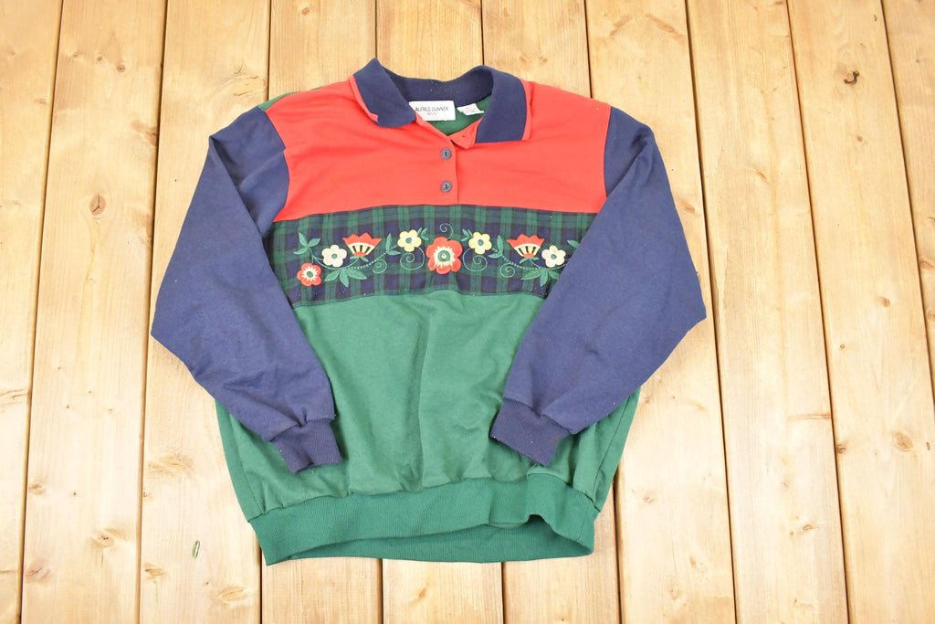 Vintage 1990s Alfred Dunner Plaid Floral Embroidered Quarter Button Sweatshirt Women's PL