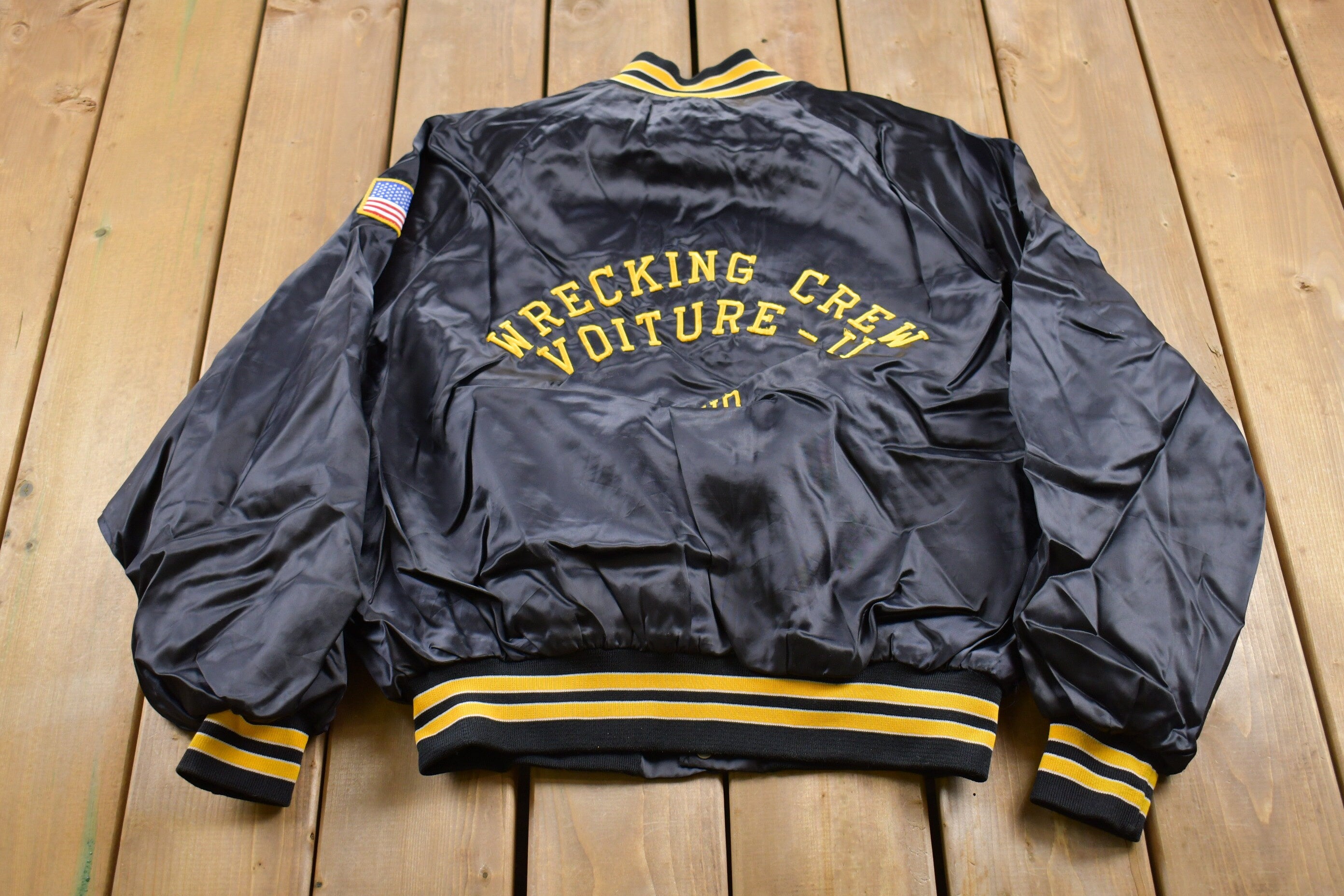 Vintage 1980s Pro Louie Pro Fit Wrecking Crew Satin Bomber Jacket