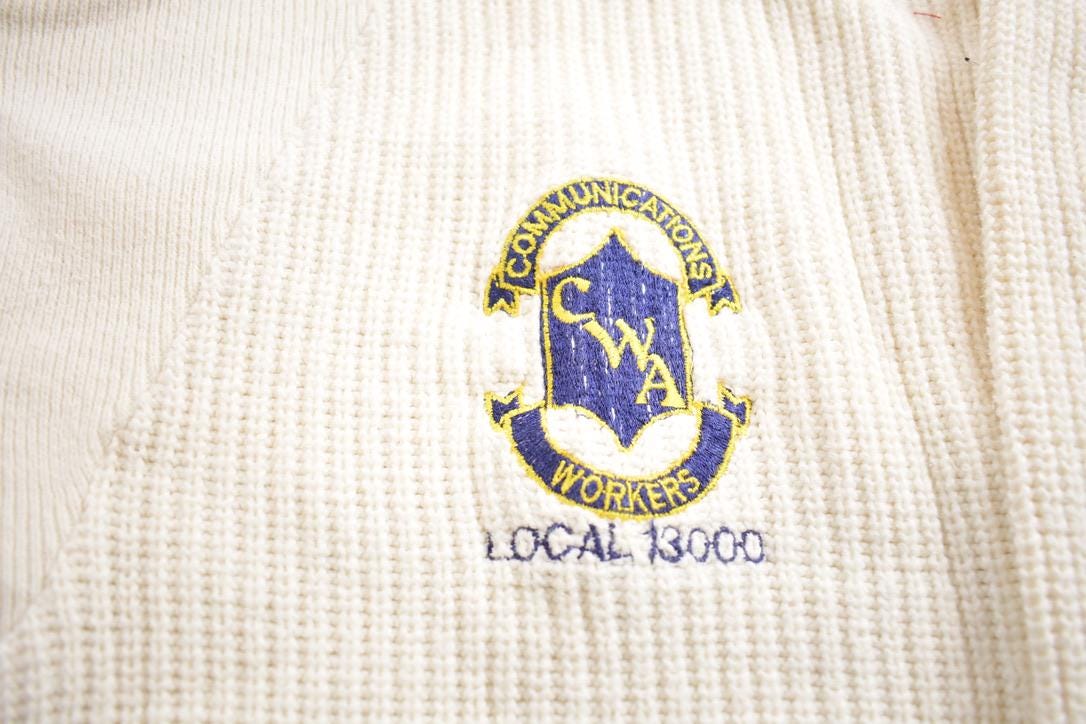 Vintage 1980s Communications Workers Embroidered Button Up Knit Sweater Made In USA