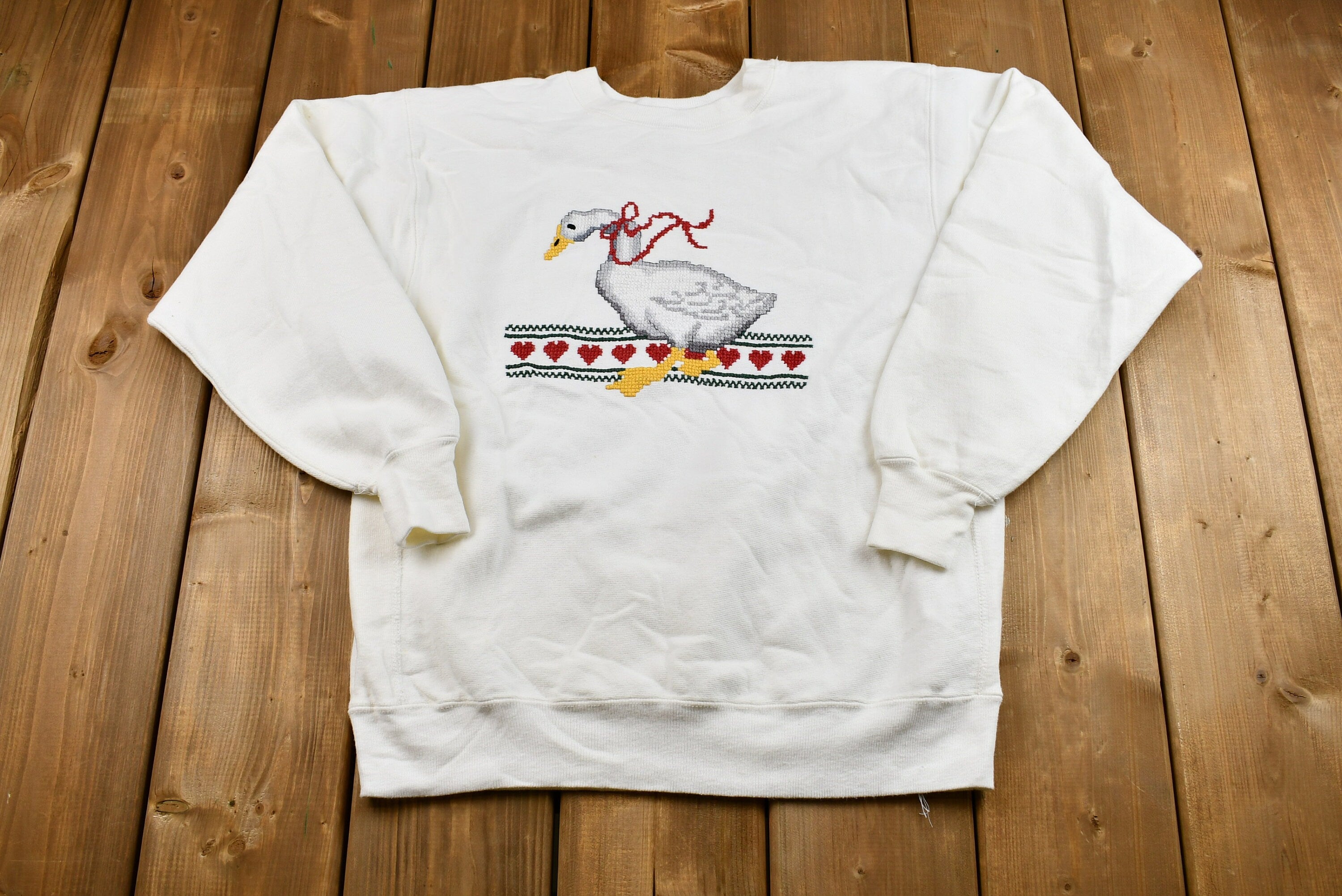 Vintage 1990s Hand-Stitched Needlepoint Goose Champion Sweatshirt
