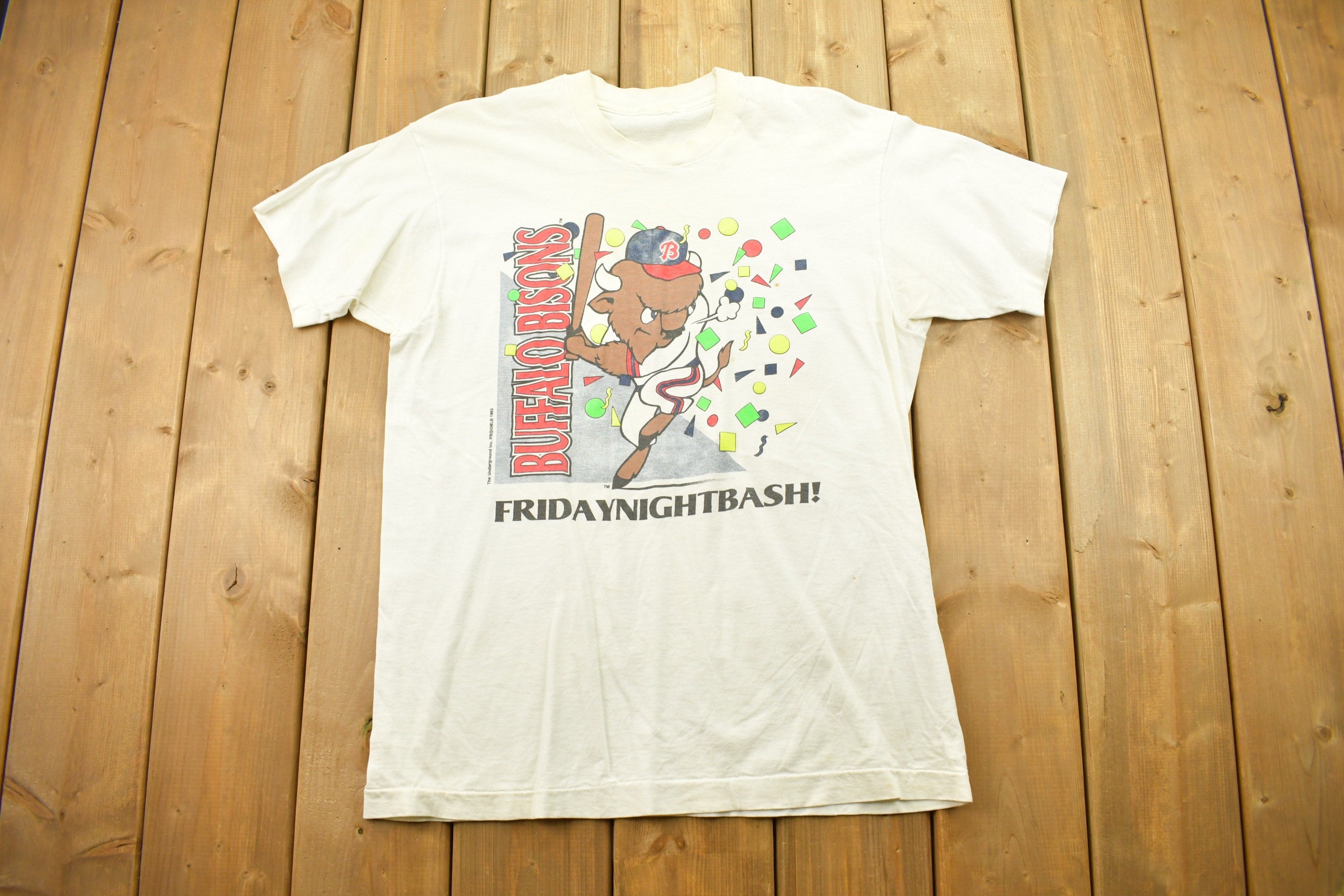 Vintage 1993 Buffalo Bison's Friday Night Bash Baseball Graphic T Shirt