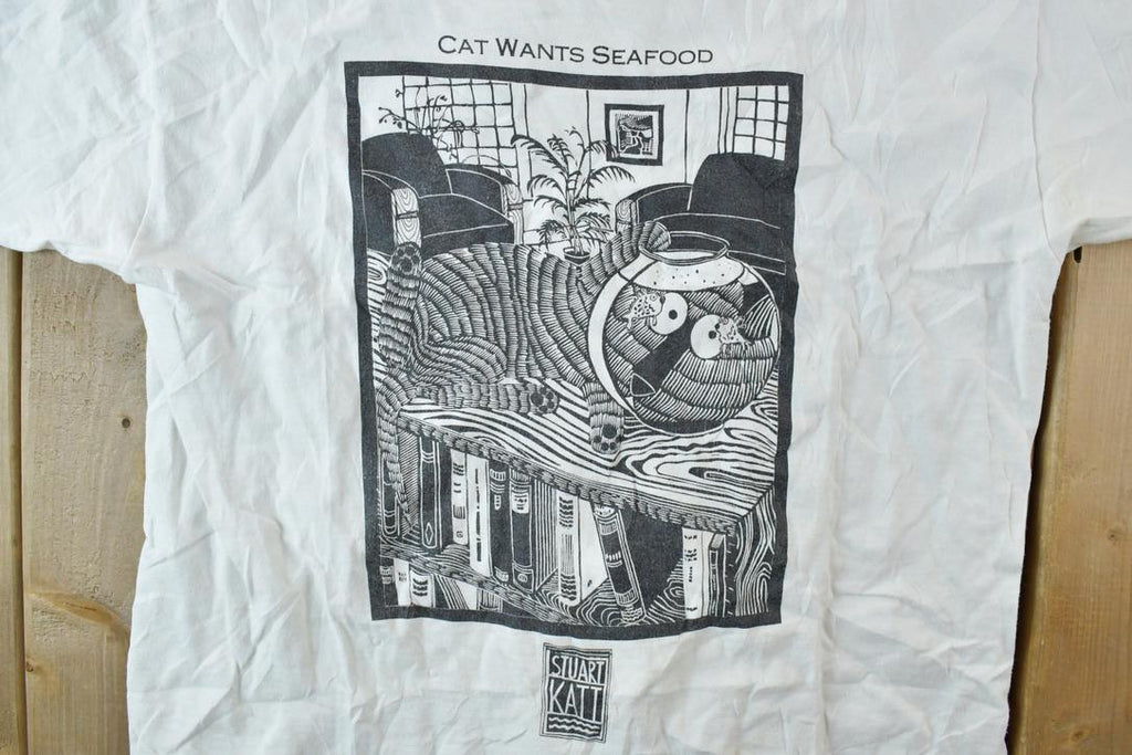 Vintage 1990s Cat Wants Seafood Graphic T-Shirt