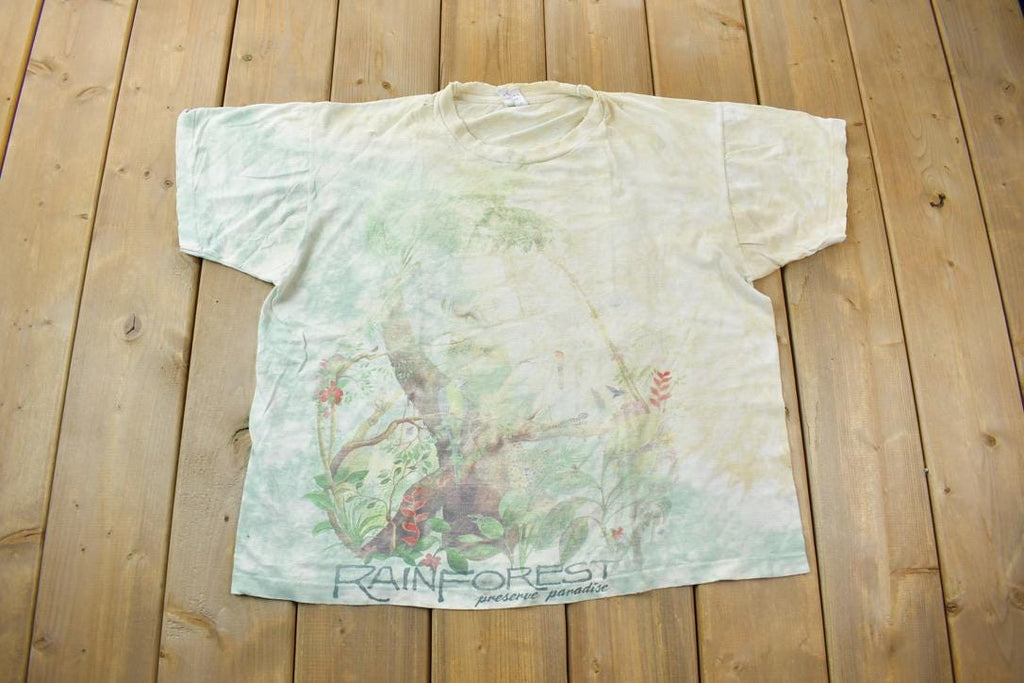 Vintage 1990s Rainforest Preserve Paradise Single Stitch Graphic Tie Dye T-Shirt Made In USA