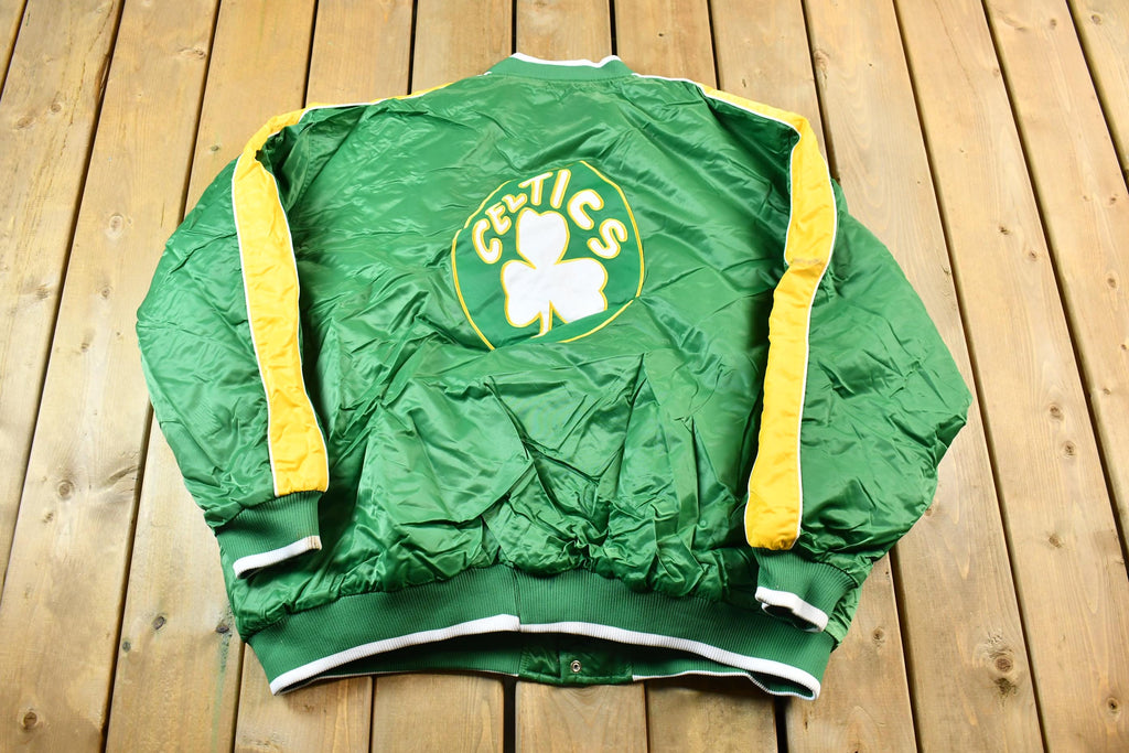 Vintage 1990s Hardwood Classics Boston Celtics NBA Basketball Embroidered Snap Button Satin Bomber Jacket