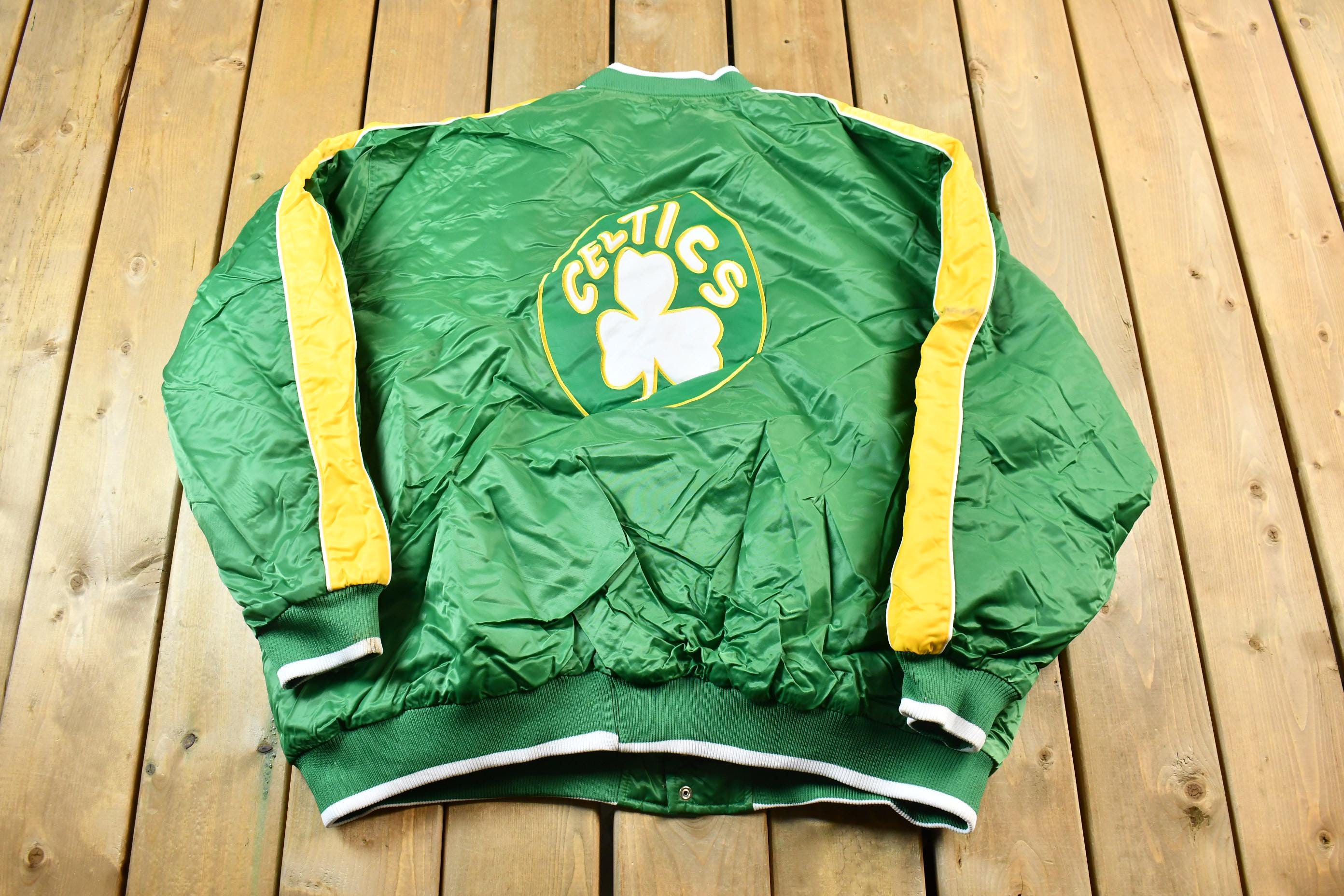 Vintage 1990s Hardwood Classics Boston Celtics NBA Basketball Embroidered Snap Button Satin Bomber Jacket