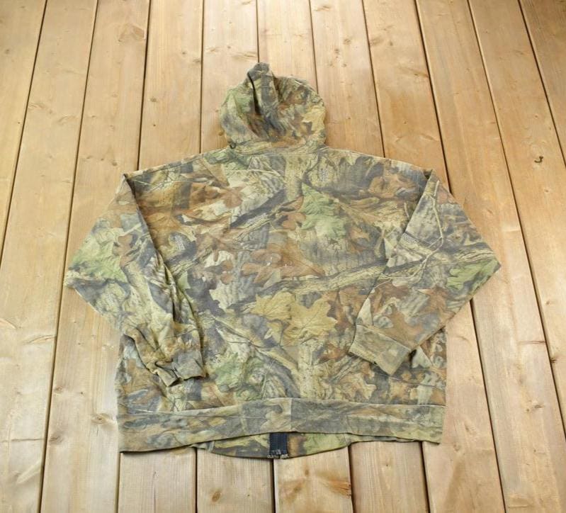 Vintage Early 1990s Ace Sportswear Realtree Camo Full Zip Graphic Hoodie