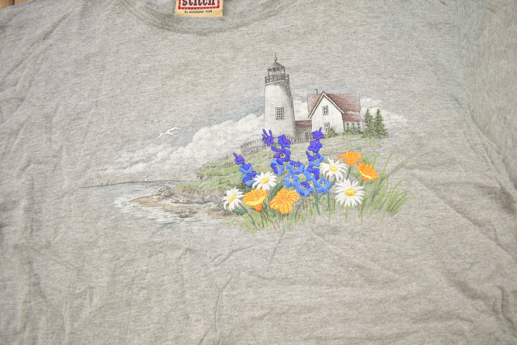 Vintage 1990s Top Stitch Embroidered Lighthouse Theme T Shirt