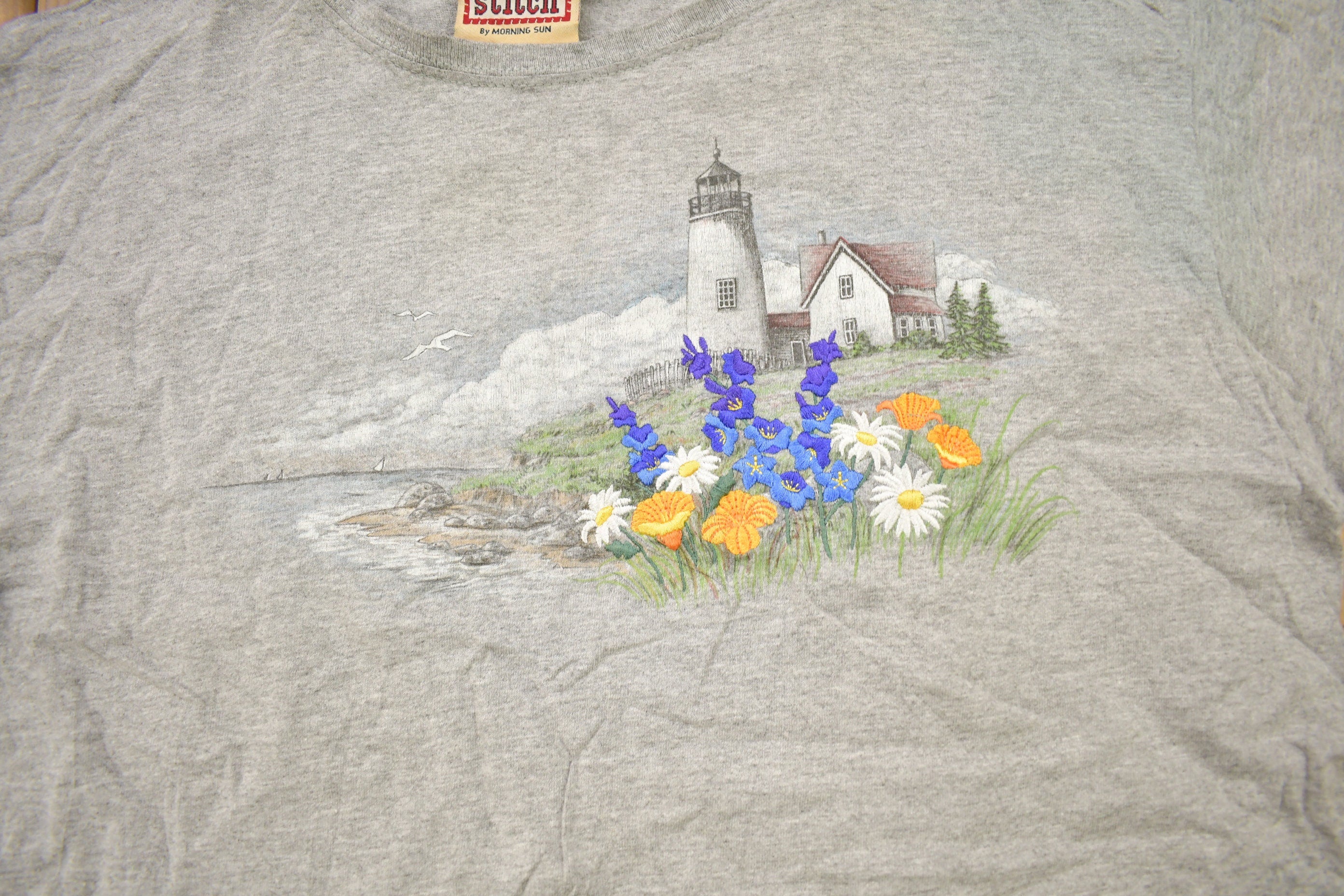 Vintage 1990s Top Stitch Embroidered Lighthouse Theme T Shirt