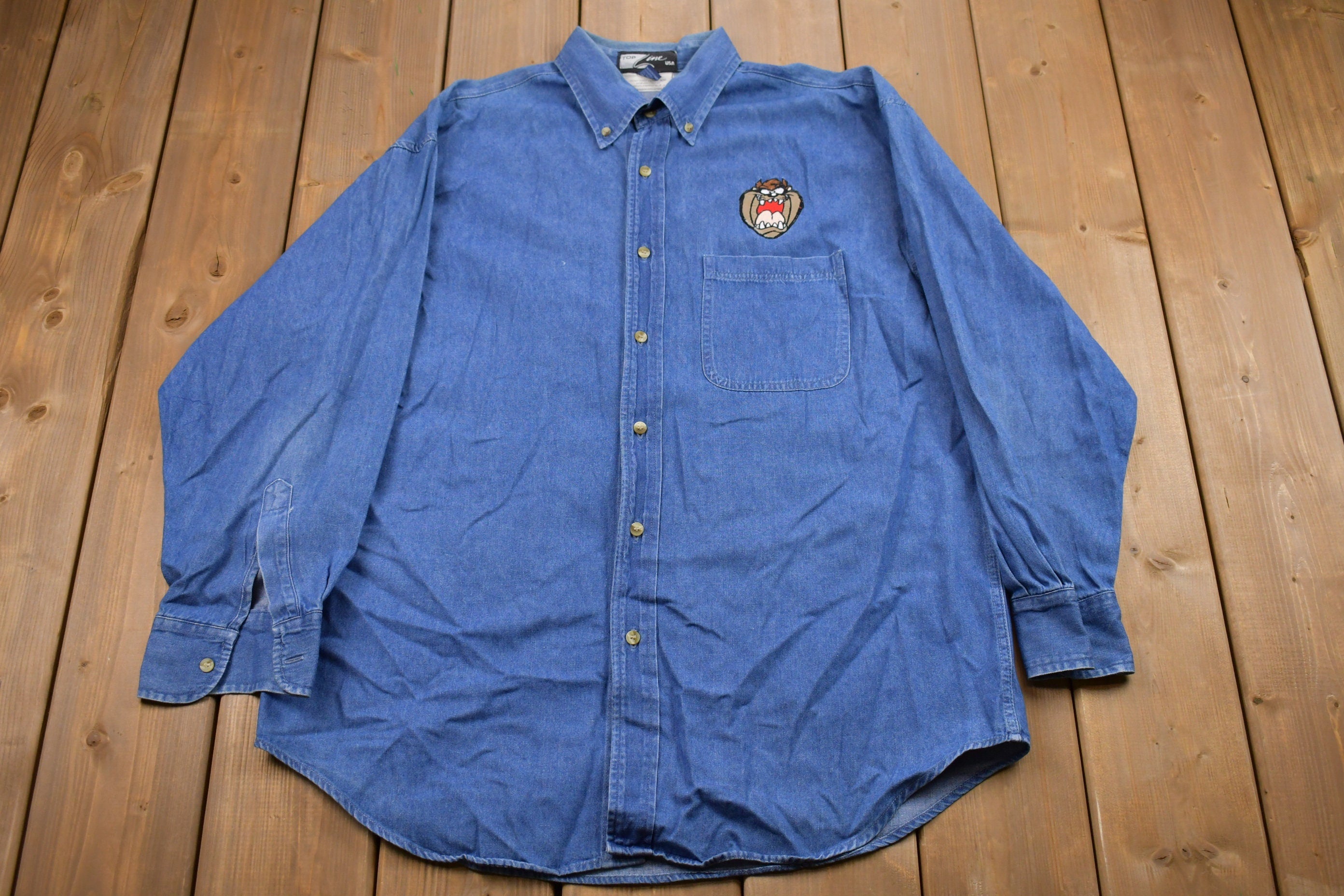 Vintage 1990s Tasmanian Devil Denim Button Up Shirt