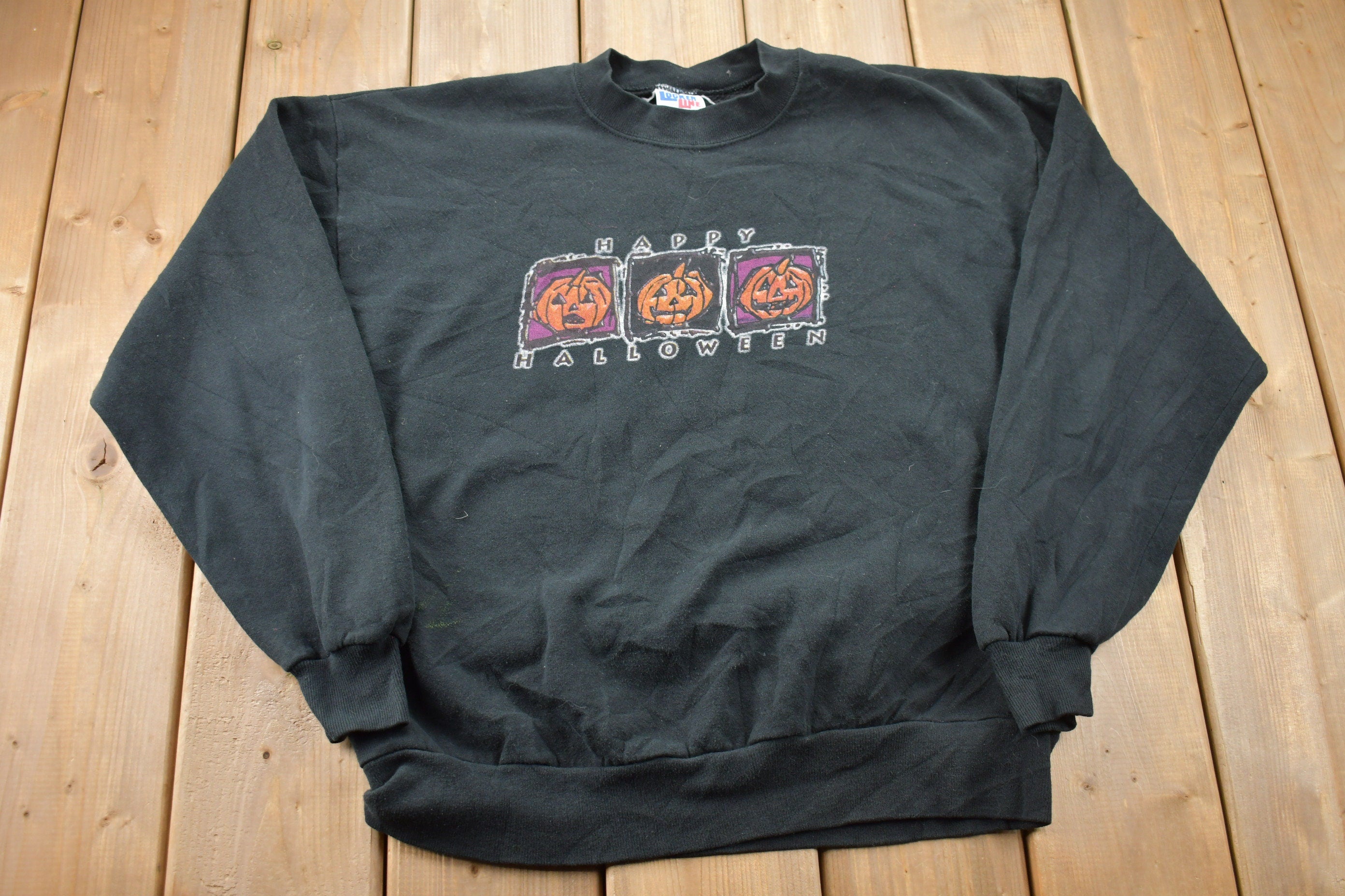 Vintage 1990s Happy Halloween Pumpkins Graphic Crewneck Sweatshirt