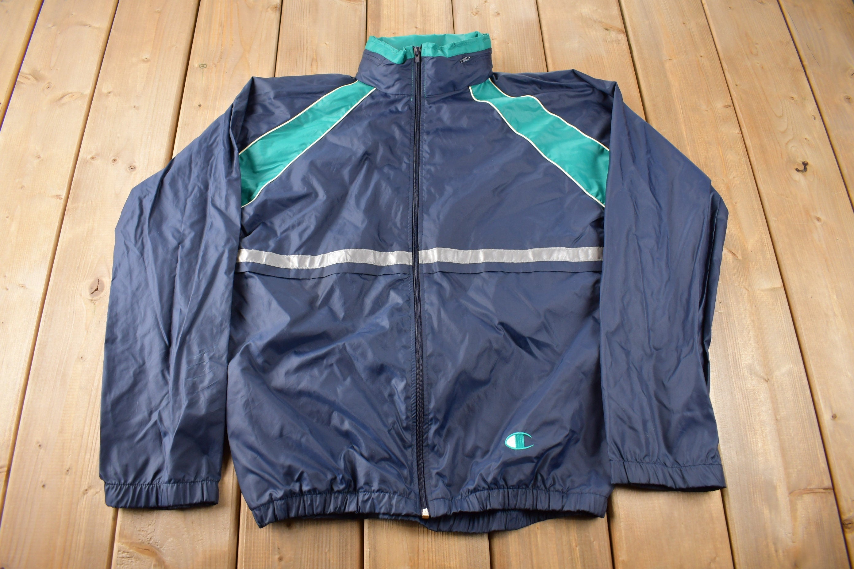 Vintage 1990s Blue & Green Champion Small Logo Windbreaker Jacket Size Small