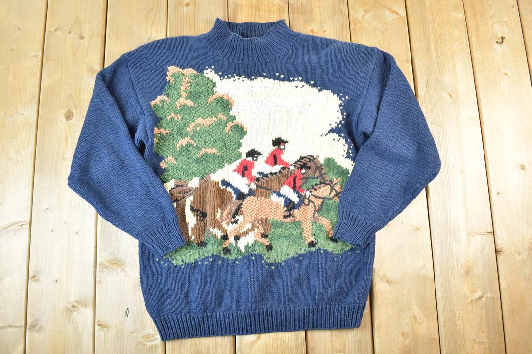 Vintage 1990s Marissa Christina Hand Knit Horse Racing Crewneck Sweater Mens S