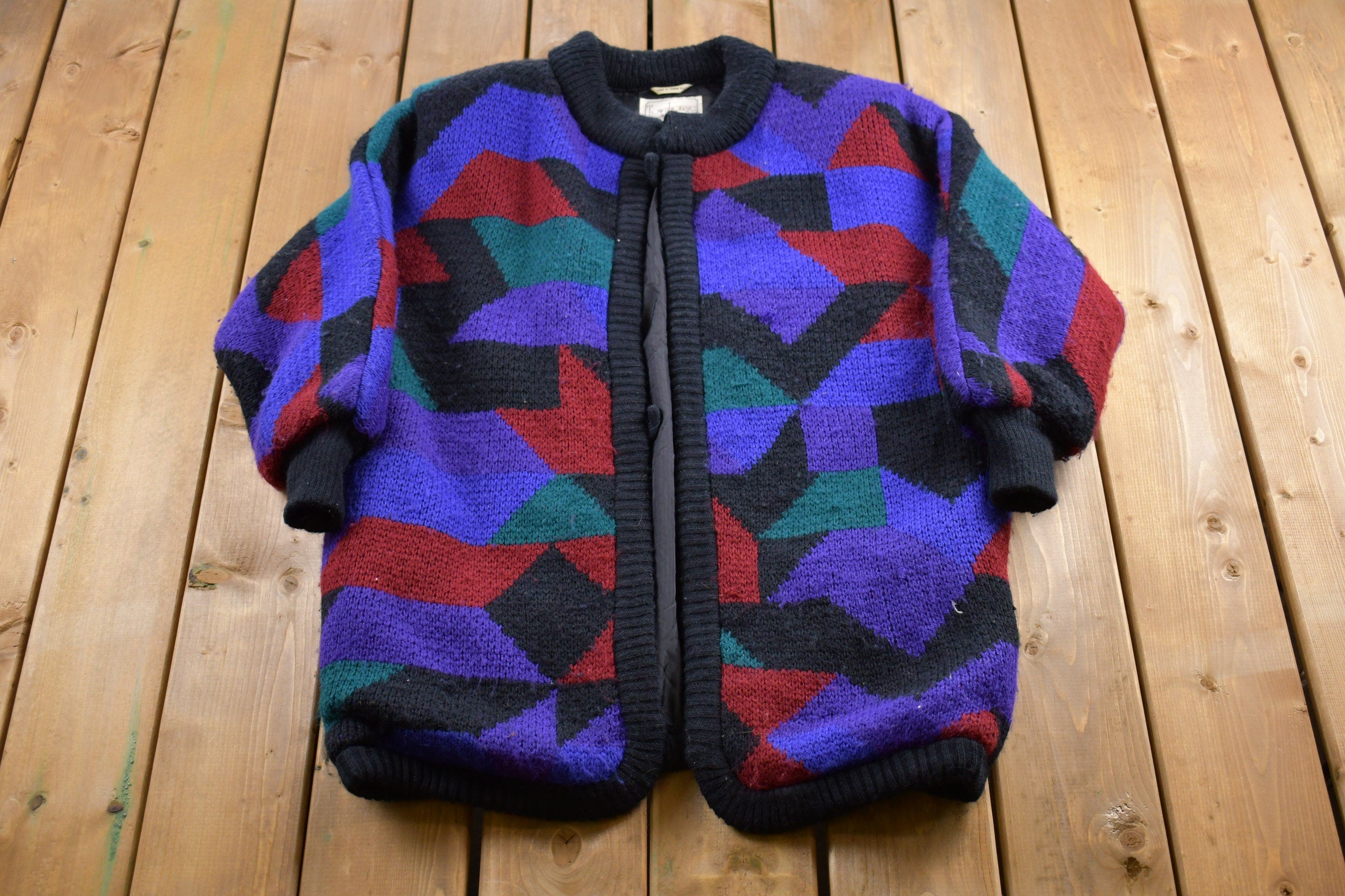 Vintage 1990s Townhouse Abstract Knitted Cardigan Sweater  All Over Pattern Abstract Pattern